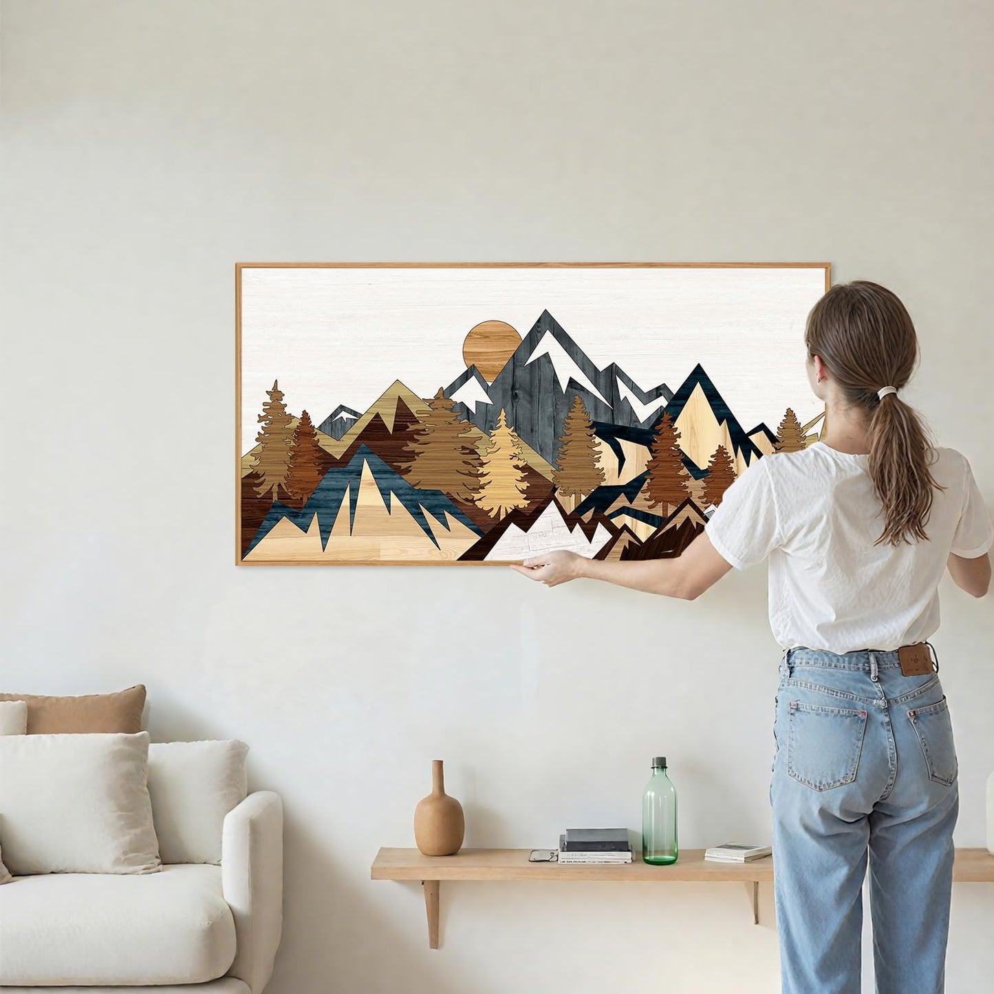 SIGNINART Large Mountain Framed Canvas Wall Art, Boho Sunrise Wilderness Wall Decor, Vintage Forest Nature Artwork, Modern Farmhouse Woodcut Style Art Prints for Living Room Bedroom, Office 20"x40"