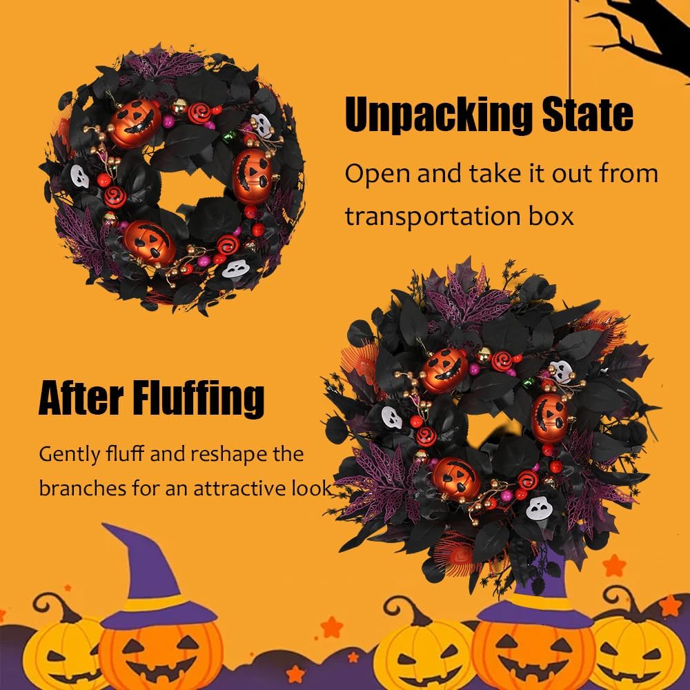 24" Glitter Halloween Wreath Outdoor - Sparkly Balls, Skulls, Bat, Skeleton, Pumpkin on Black Twig | Front Door Outside Goth Decor for Spooky Night
