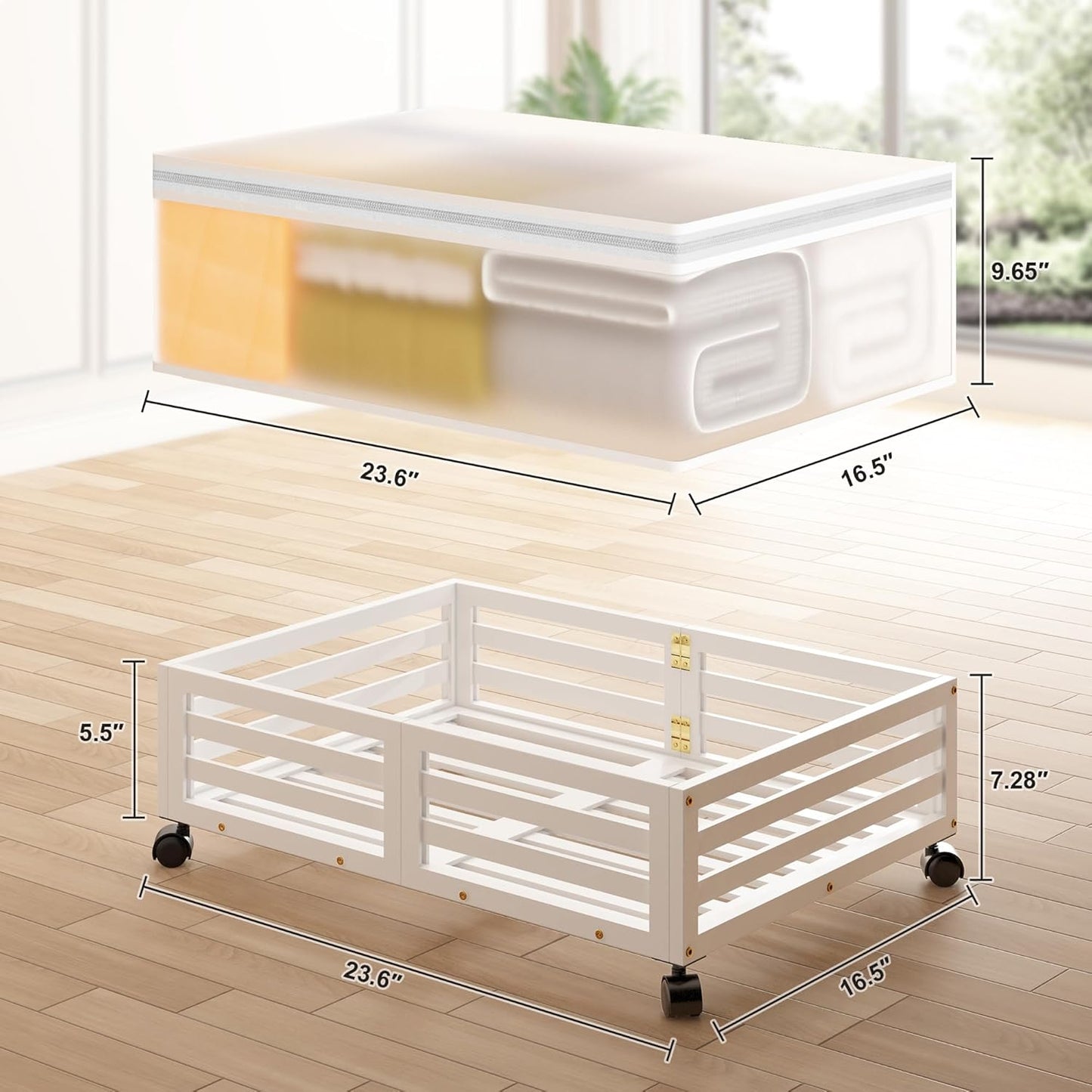 Under Bed Storage Containers With Wheels - 2 Pcs Bamboo Wood Rolling Underbed Shoe Storage Bins With Dust Bags for Clothes Blankets, Duvet Covers Snacks Toys (White)