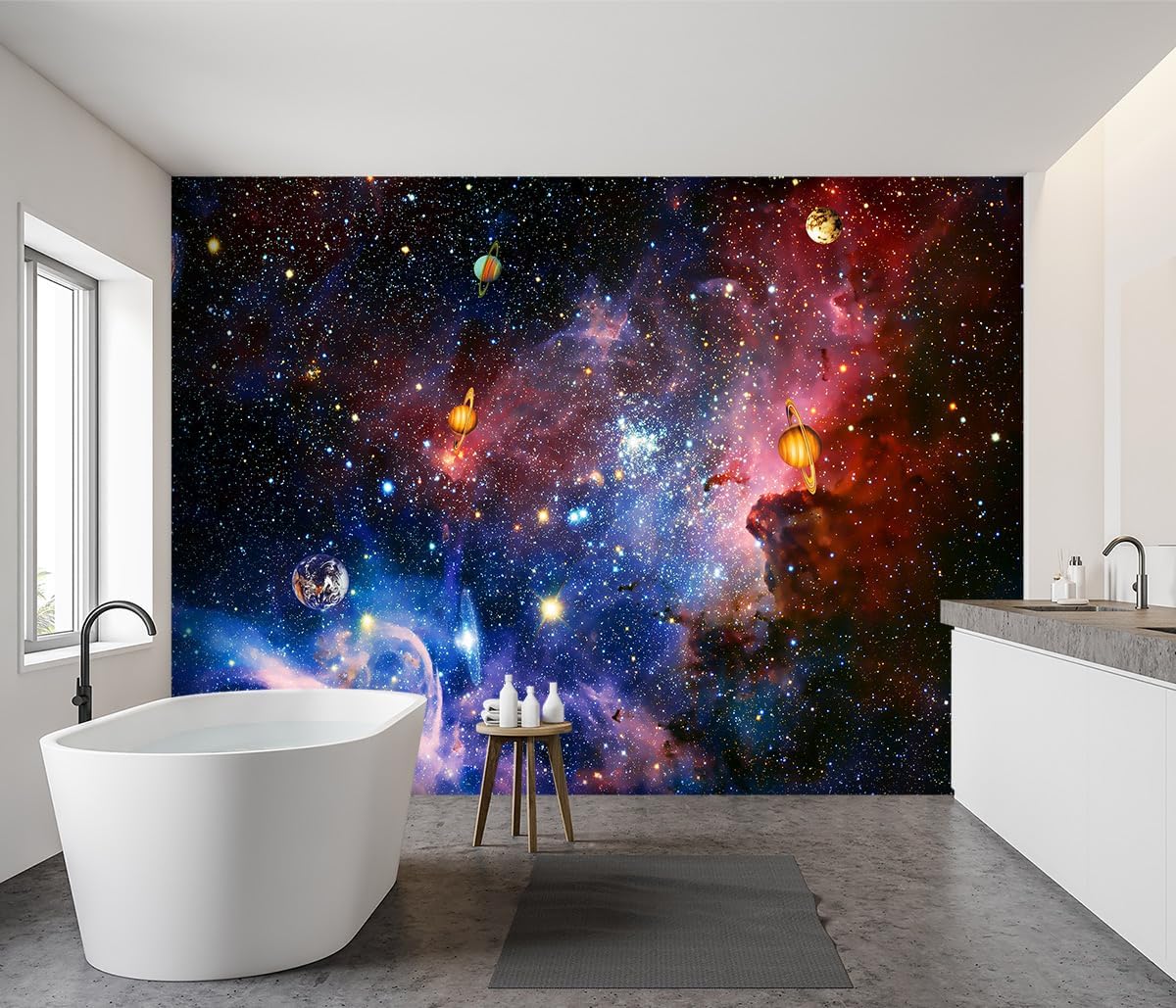 -Galaxy Universe Planet Ceiling Fabric Wallpaper Boys Girls Nursery Starry Sky Children Bedroom Bathroom Large Mural- 137"x96"( not Peel and Stick)