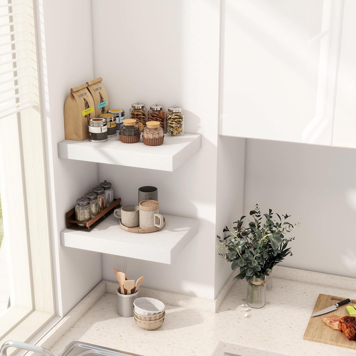 12 Inch Deep White Floating Shelves, 16 x 12 Floating Shelf for Books, Rustic Wood Deep Wall Shelves for Home Storage & Display, 2" Thicked Shelves for Kitchen, Living Room, Bedroom, 2 Pack