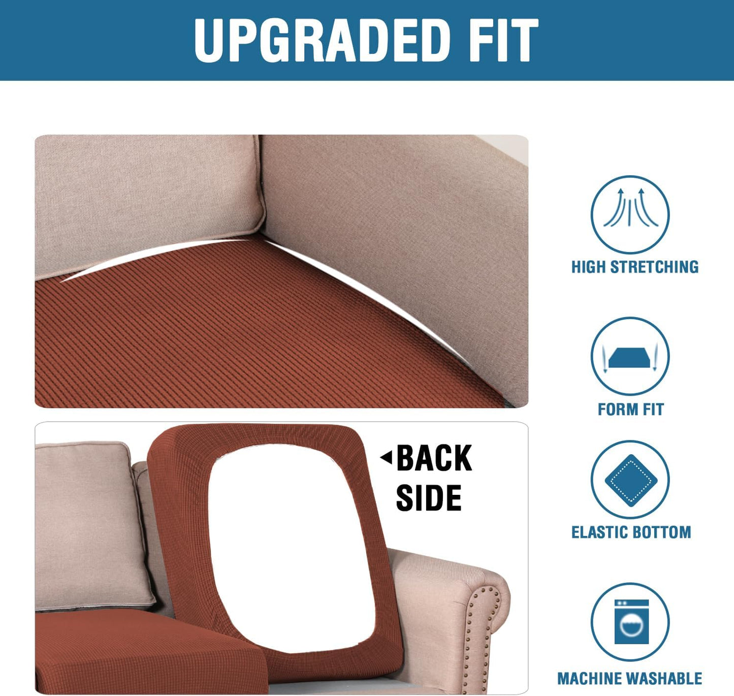 H.VERSAILTEX Super Stretch Individual Seat, Sofa Covers Couch, Cushion Covers Slipcover Sets Thick Jacquard Textured Twill Fabric (2 Piece Large Sofa Cushion Covers, Rust)