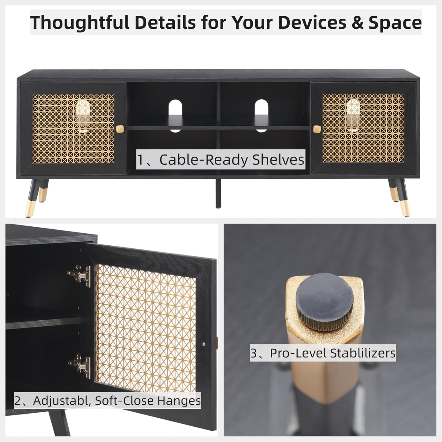 JYED Mid Century Modern TV Stand and Console for TVs Up to 75" - Black Entertainment Center, 2 Gold Metal Mesh Doors & MDF Wood Grain, 15.8" D x 66" W x 23.5" H