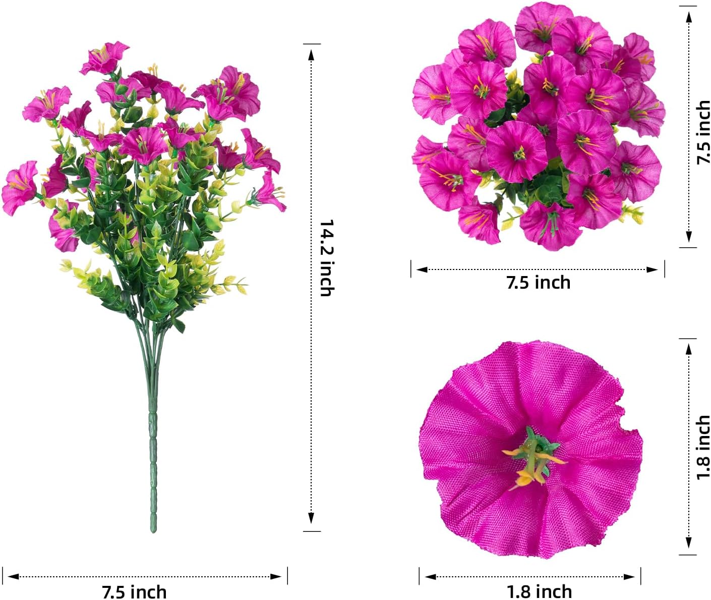 Artificial Flowers for Outdoors Fake Plants Outside Decoration, 12 Bundles Silk Colorful Morning Glory with Eucalyptus UV Resistant Realistic Faux Flowers for Planter Front Door Garden Yard