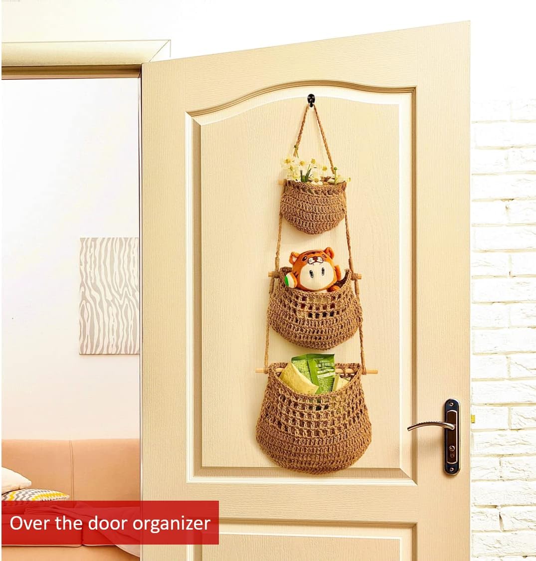 Hanging Fruit Basket, 3 Tier Woven Jute Wall Hanging Basket for Organizing, Hanging Produce Basket for Fruit & Vegetable Storage, Boho Kitchen Decor, Wall Basket Storage for Kitchen, Bedroom, Bathroom