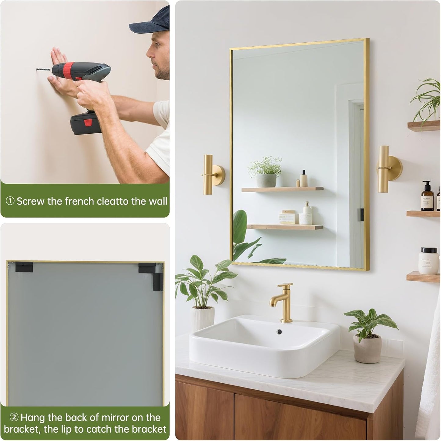FARMER 16x20 Inch Gold Bathroom Mirror, Rectangle Wall Mounted Mirror, Vanity Mirror, Brushed Square Mirror, Framed Bathroom Mirror for Bedrooms, Entryways, Living Rooms, Horizontal/Vertical