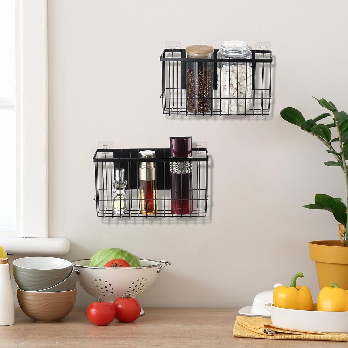 3 Pcs Magnetic or Adhesive Refrigerator Organizer Magnetic Baskets Kitchen Holder for Refrigerator Metal Shelf Rack Storage with 2 Types of Installation(Black)