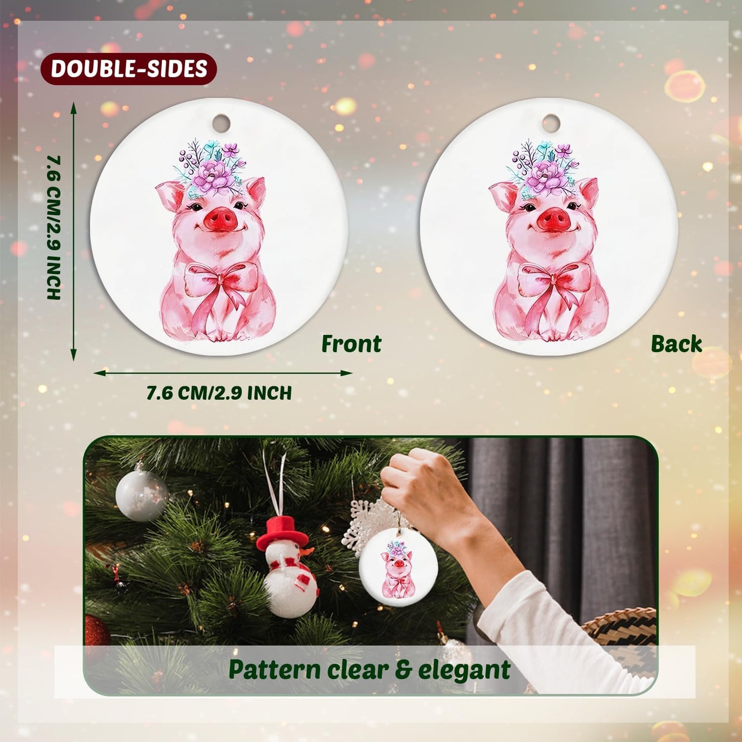 Pink Pig Ornament, Pig Gifts for Pig Lovers Women, Pink Coquette Bow Floral Pig Ceramic Ornaments, Pig Decorative Hanging Ornament