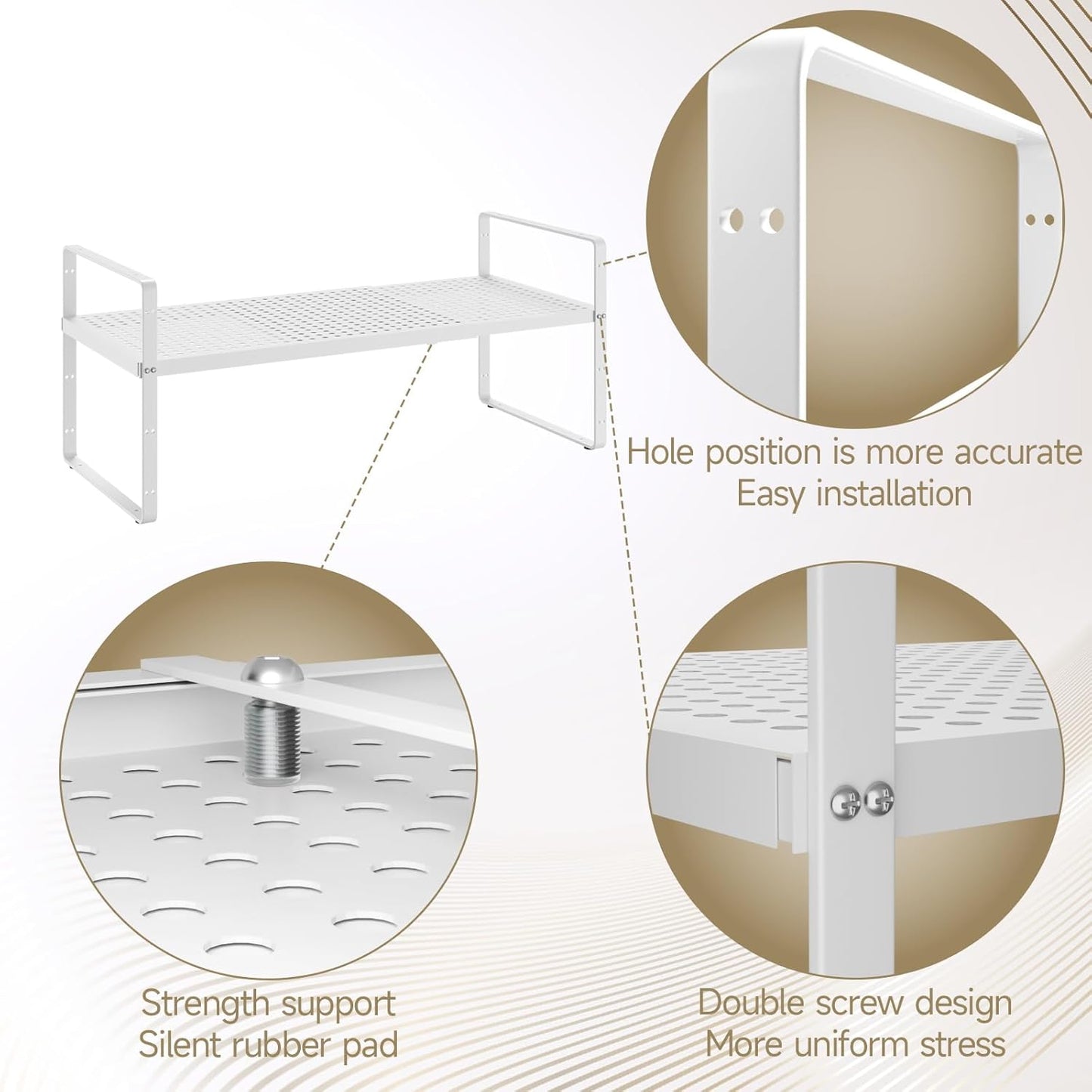Hole Pattern Expandable Shelf Organizer,1Pack 10.2" Wide Easy to Assemble Cabinet Organizer Shelf, 16.5~27.1" Adjustable Height&Stackable Spice Organization for Cupboard, White