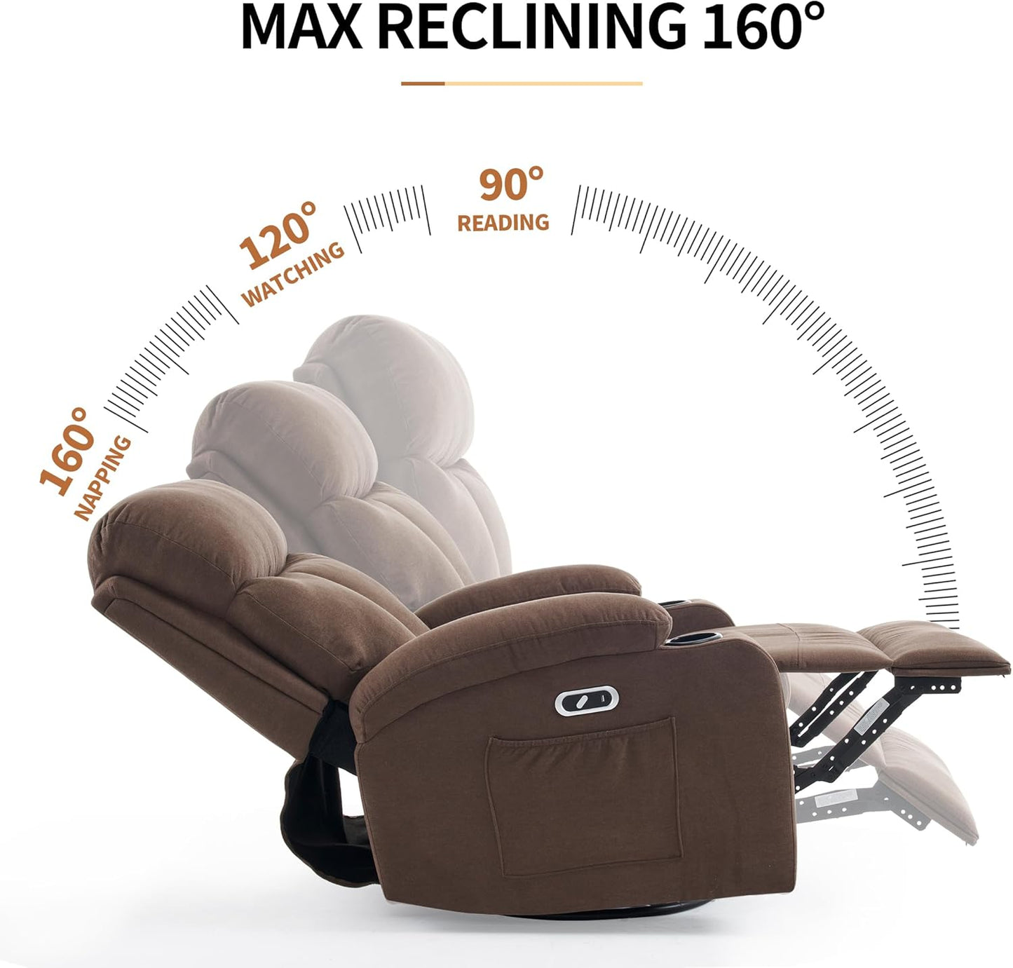 Swivel Power Recliner Chair for Adults with Full Body Massage, Electric Rocker Recliner Chairs for Living Room with USB and Type-C Ports, Fabric Rocking Reclining Sofa Chair (Cocoa Brown)