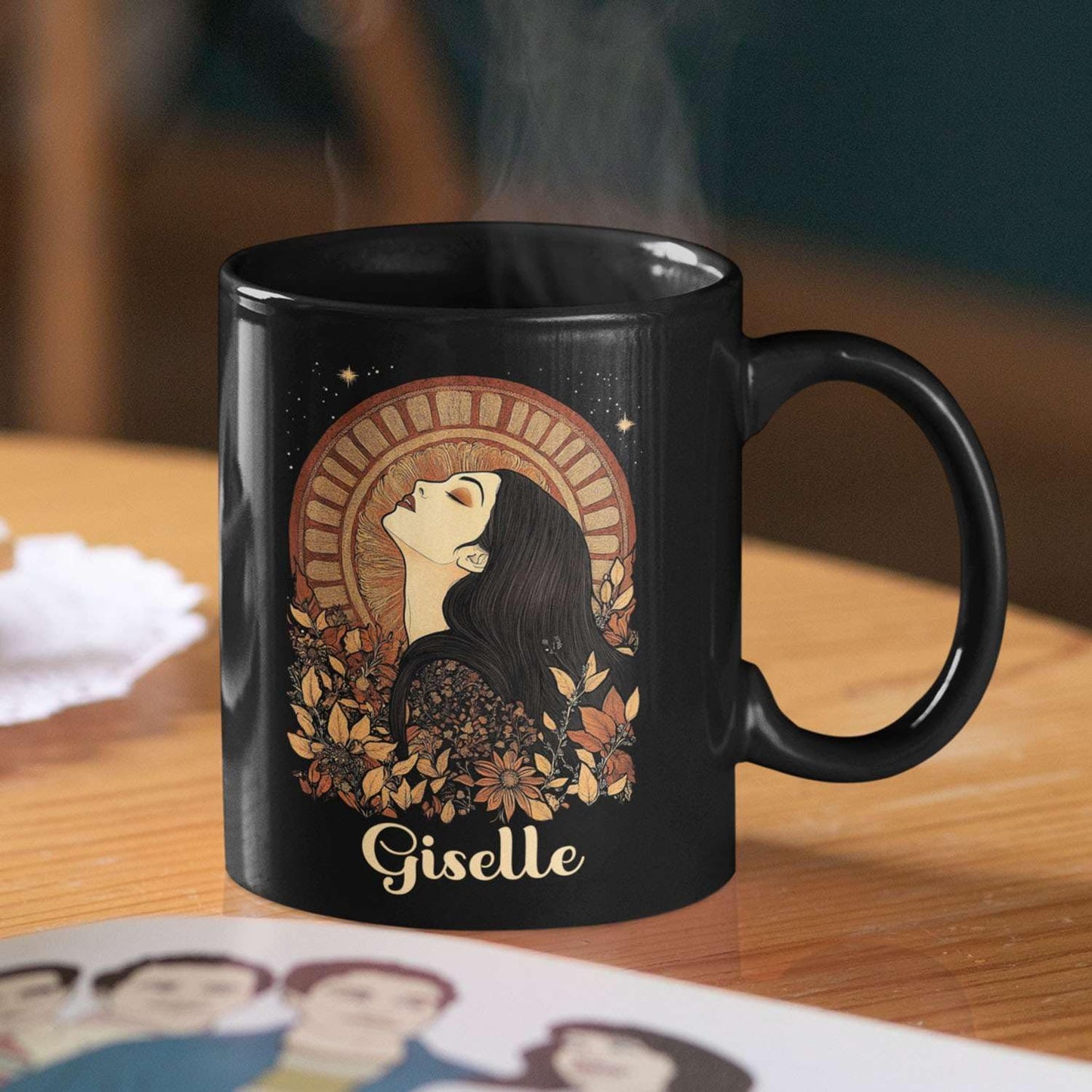 Elegant Woman Coffee Mug with Custom Name, Autumn Themed Ceramic Cup 11oz 15oz, Unique Fall Inspired Black Mug for Women, Personalized Women's Day Coffee Cup, Gifts for Holiday