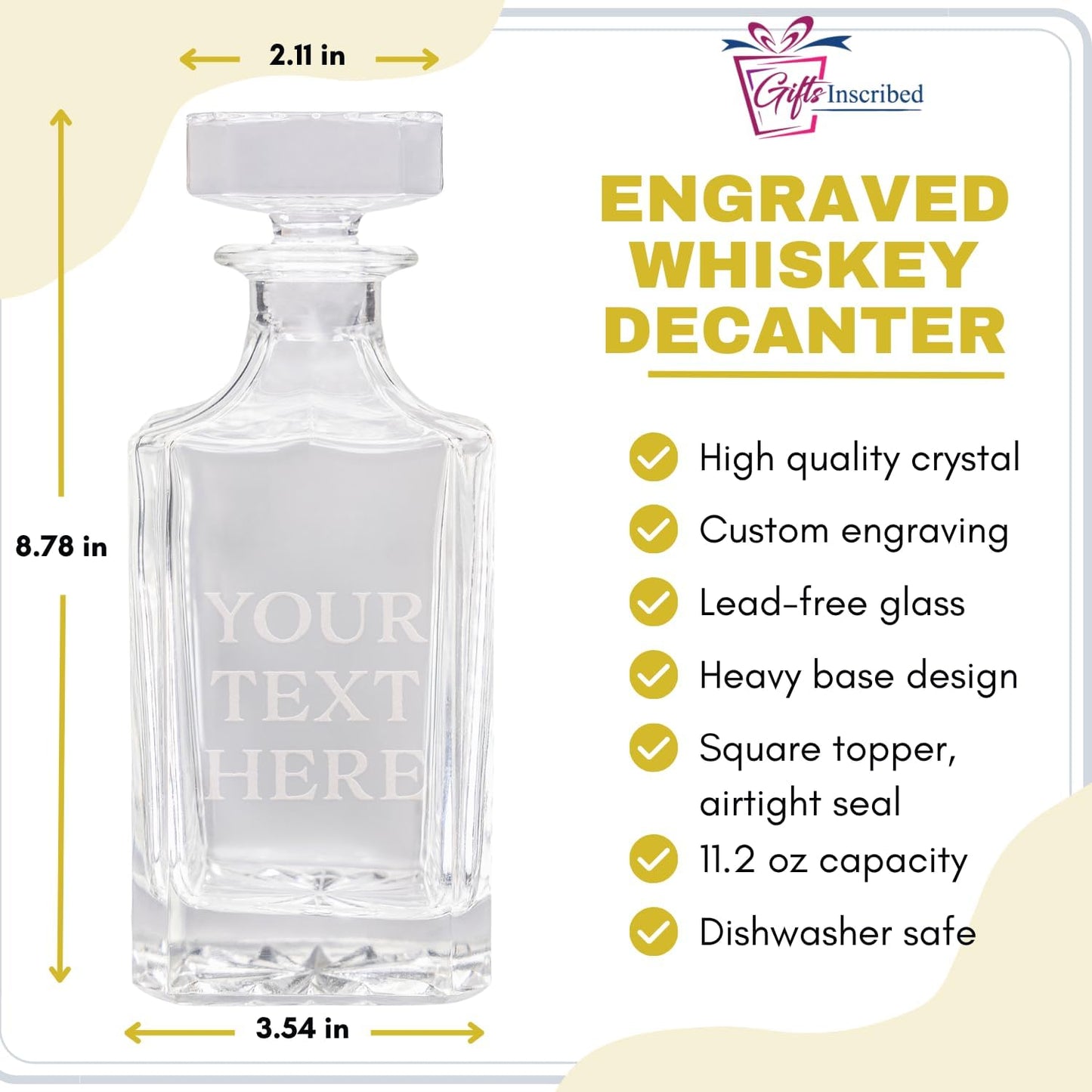 Gifts Inscribed Custom Text Whiskey Decanter & Glasses Set of 2 – Engraved Glass Cups Drinking Glasses Set of 2 – Personalized Whiskey Glasses Drinking Set – Customized Whisky Glassware Gift for Him