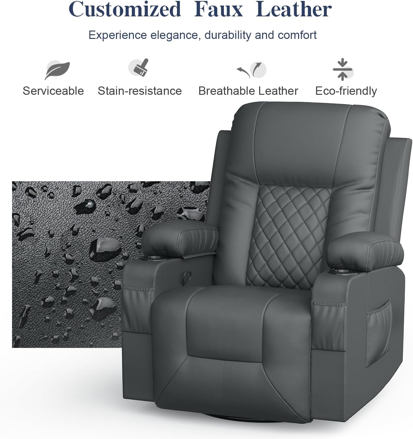 Recliner Chairs for Adults, Massage Rocker with Heated Modern Ergonomic Lounge 360 Degree Swivel Single Sofa Seat Living Room Lounge Recliners Gray