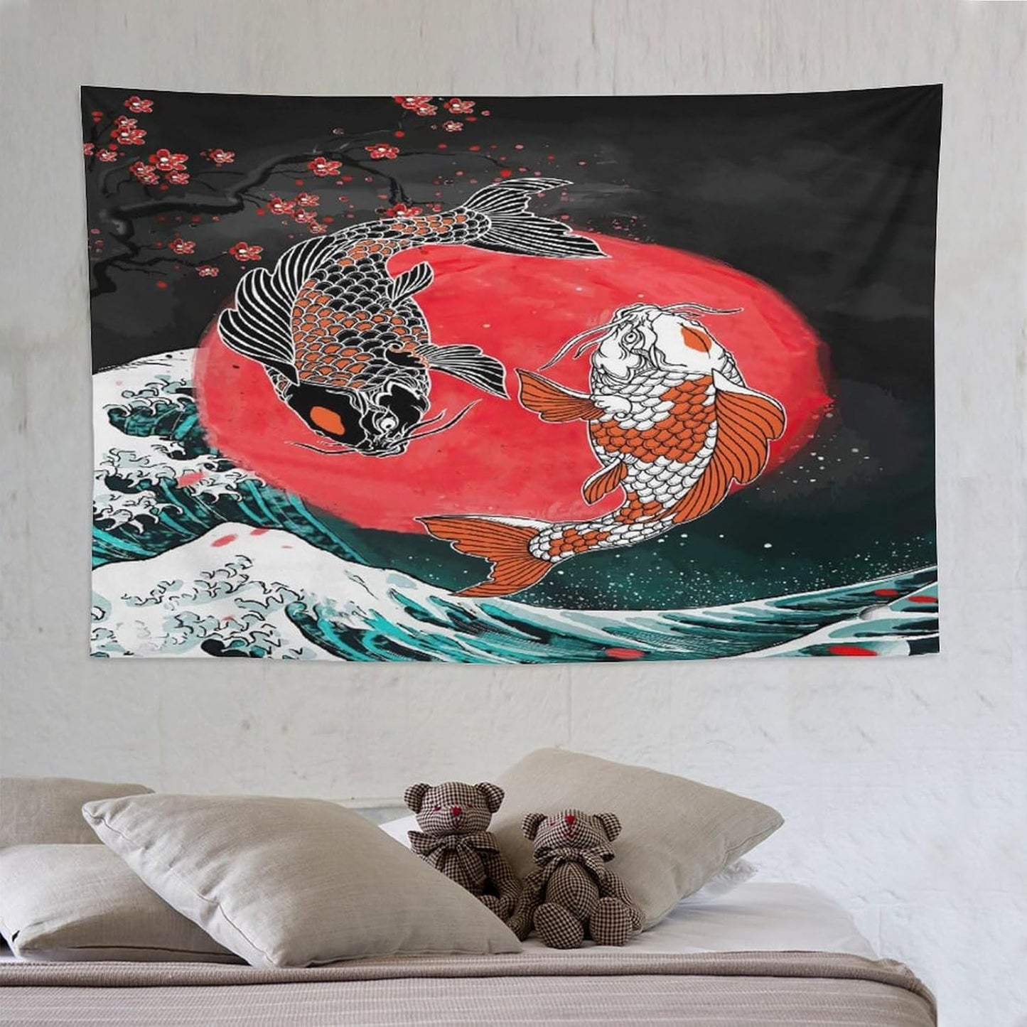 Houselerax Koi Fish Tapestries,Japanese Style Yin Yang Big Wave Cherry Blossoms Tapestry Wall Hanging for Bedroom Living Room Office Decor 90"x60"