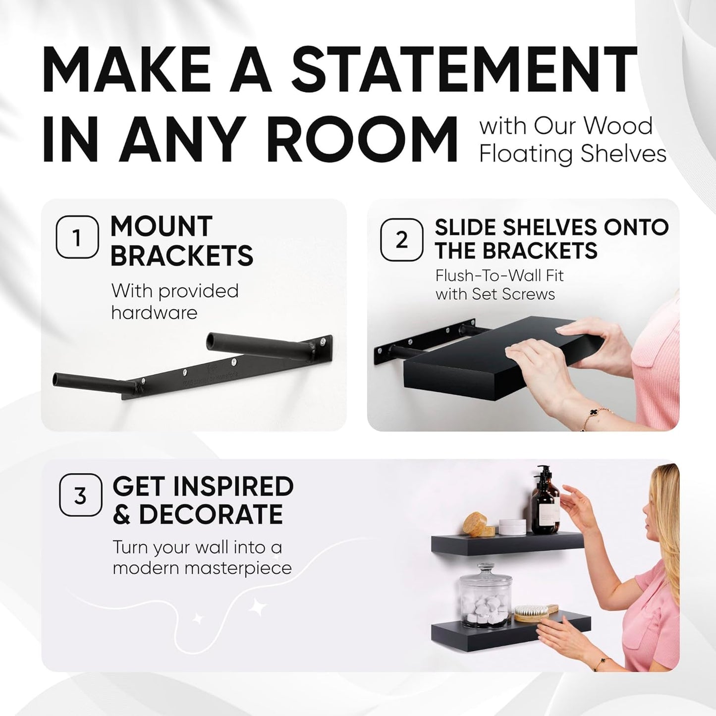 Homeforia 16 inch Black Floating Shelves, High End Solid Real Wood 16inch Bathroom Floating Shelves for Wall Mounted, 16in Wooden Small Floating Shelf, Heavy Duty Bracket, 16 X 6.5 X 1.75 in, Set of 3