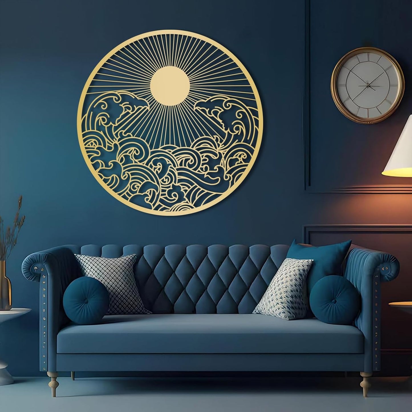 flyoak Metal Sun Wall Decor Outdoor, Sunrise Metal Wall Art, Metal Wave Wall Art, Sunrise and Wave Wall Decor, Sunburst Wall Art, Sunset Wall Art, Wall Hangings for Bedroom (Silver, 35x35in|90x90cm)