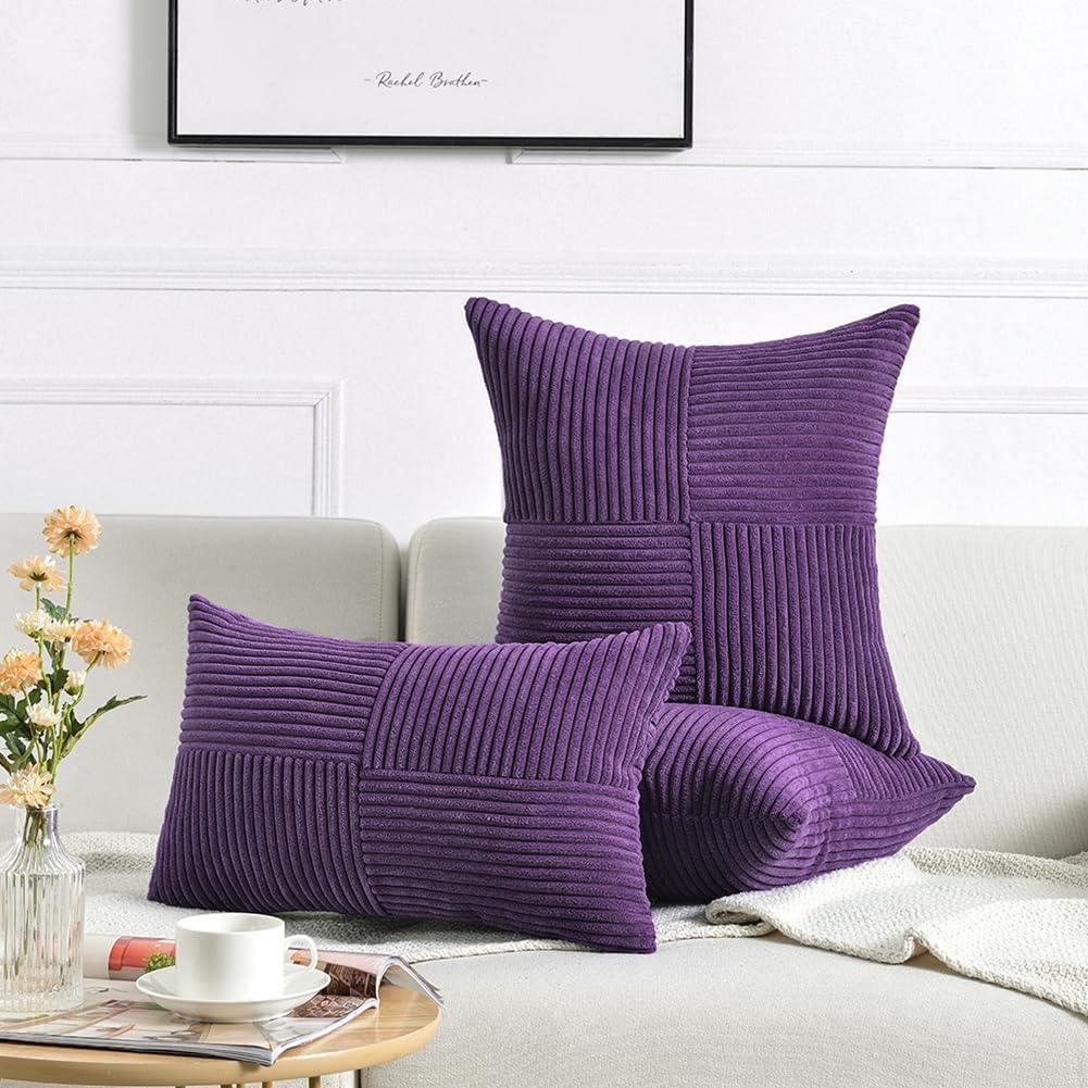 Fancy Homi 2 Packs Purple Decorative Throw Pillow Covers 20x20 Inch for Living Room Couch Bed, Farmhouse Boho Home Decor, Soft Corss Corduroy Patchwork Accent Square Cushion Case 50x50 cm