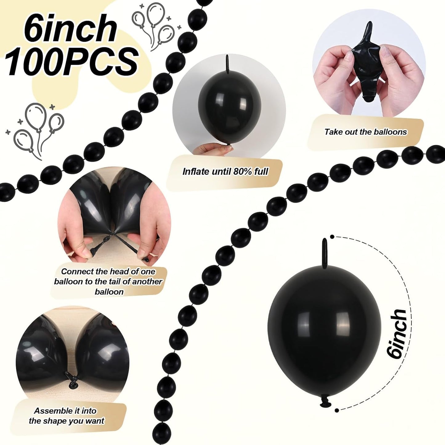 Black Quick Link Balloons, 100PCS Linking Balloons for Make Balloon Wall Balloon Arch Balloon Chains, Linkable Balloons for Wedding Birthday Baby Shower Engagement Graduation Party Decorations (6inch)