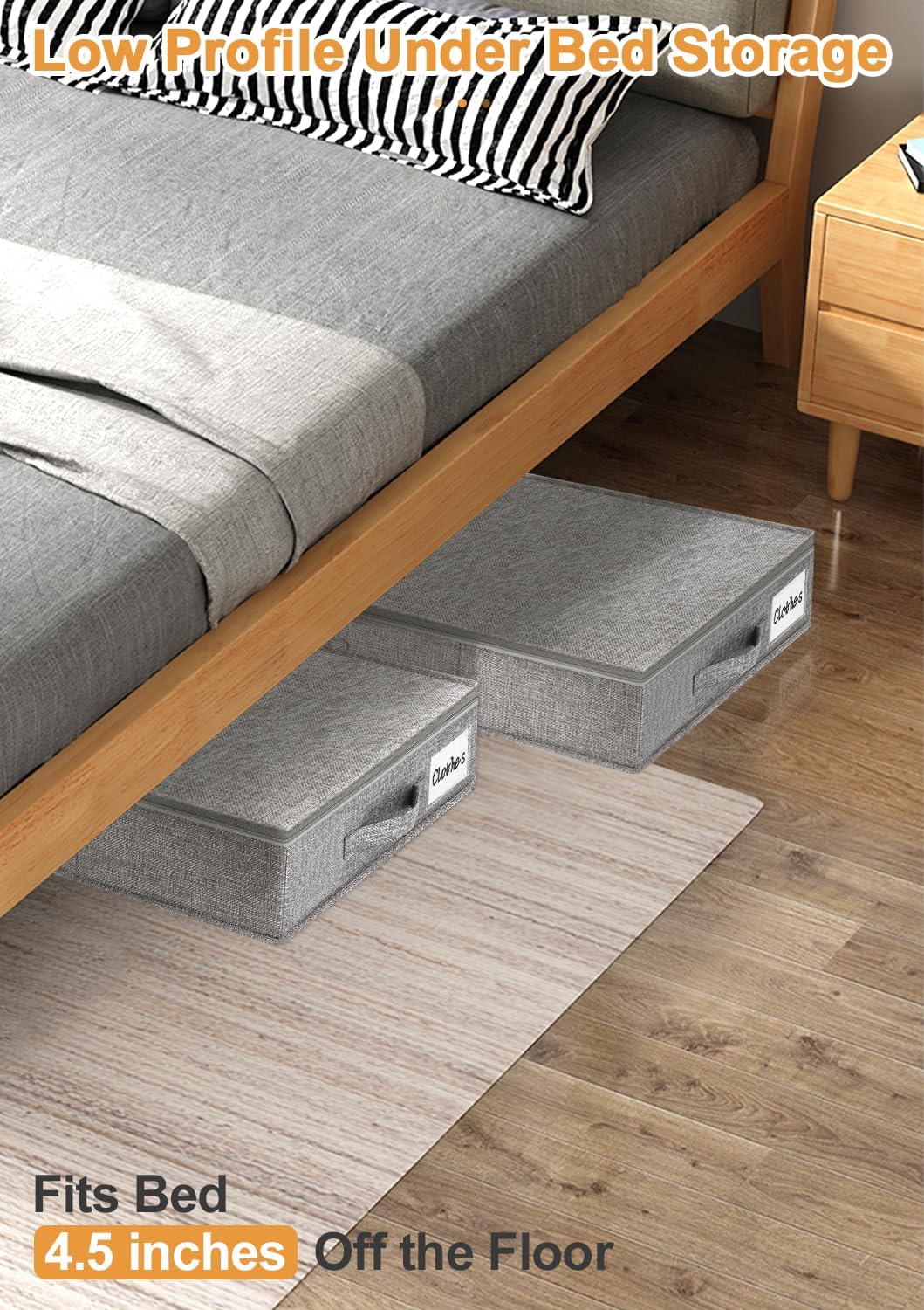 punemi Under Bed Storage Containers, 2 Pack 4.5 Inch Tall Low Profile Underbed Clothes Storage Organizer Bin with Sturdy Side & Bottom Support, Use as Clothes Organizer, Pillow and Blanket Organizer
