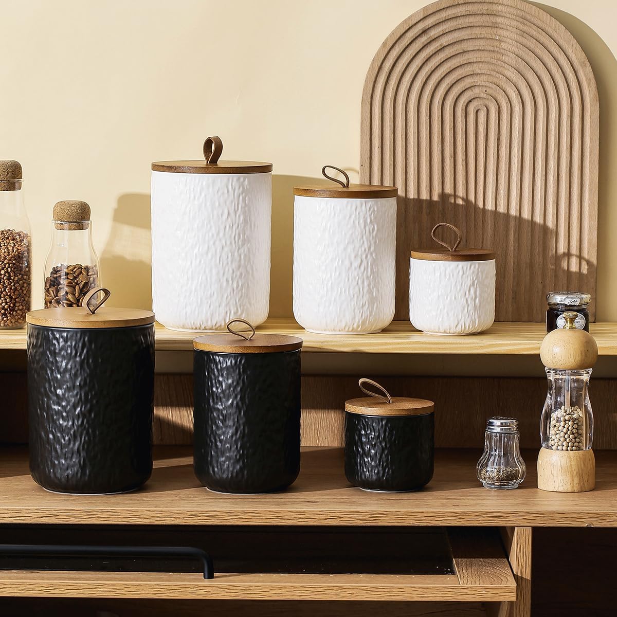 Black White Ceramic Coffee Canister Tea Canister with Seal Wood Lid, Airtight Coffee Storage Container for Coffee Bean, Ground Coffee, Sugar, Cookie Candy jar (Black, 800ml)