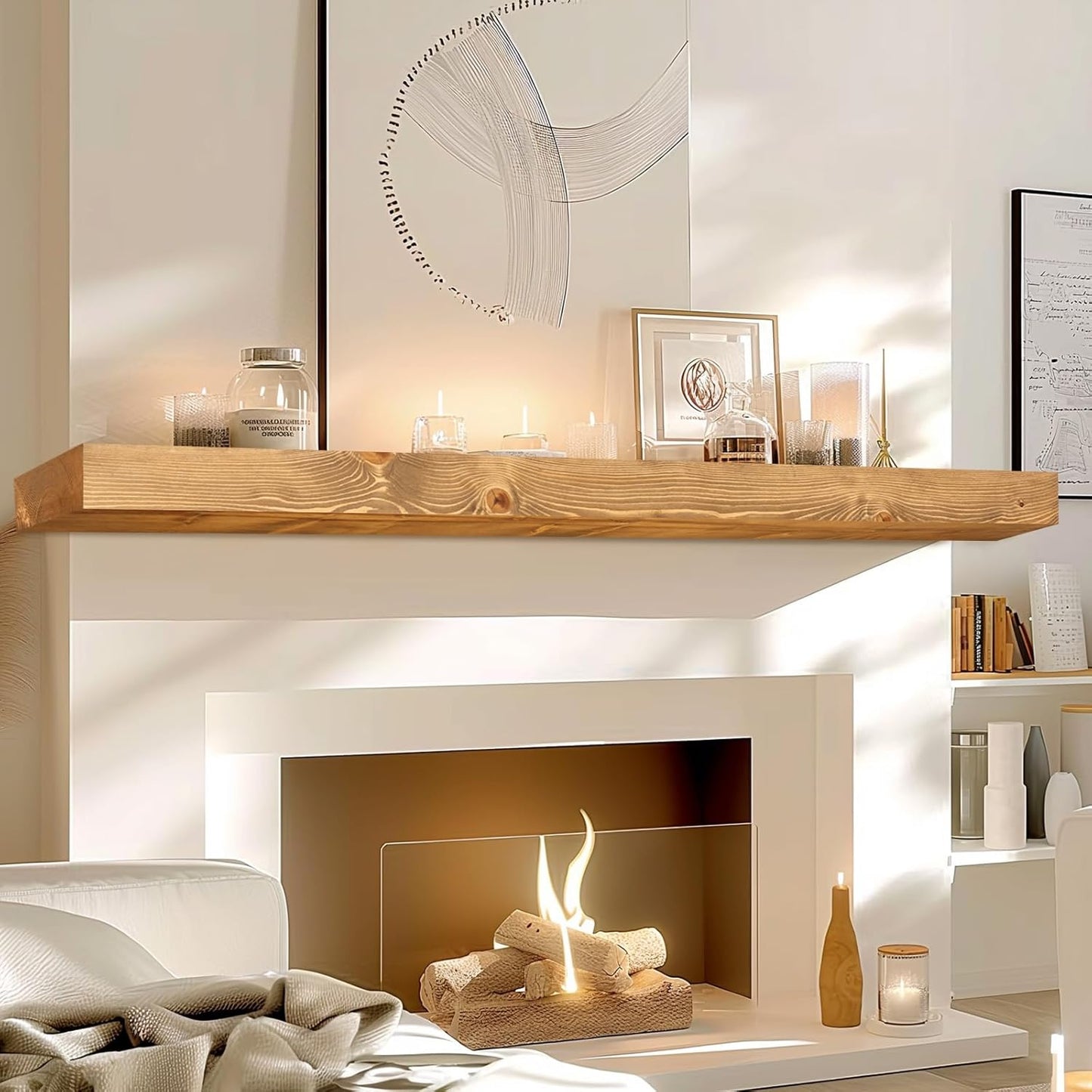 72x7x3 Fireplace Mantel - Solid Rustic Wood - Wall Mounted Floating Shelf with Invisible Heavy Duty Steel Bracket (Natural Wood)