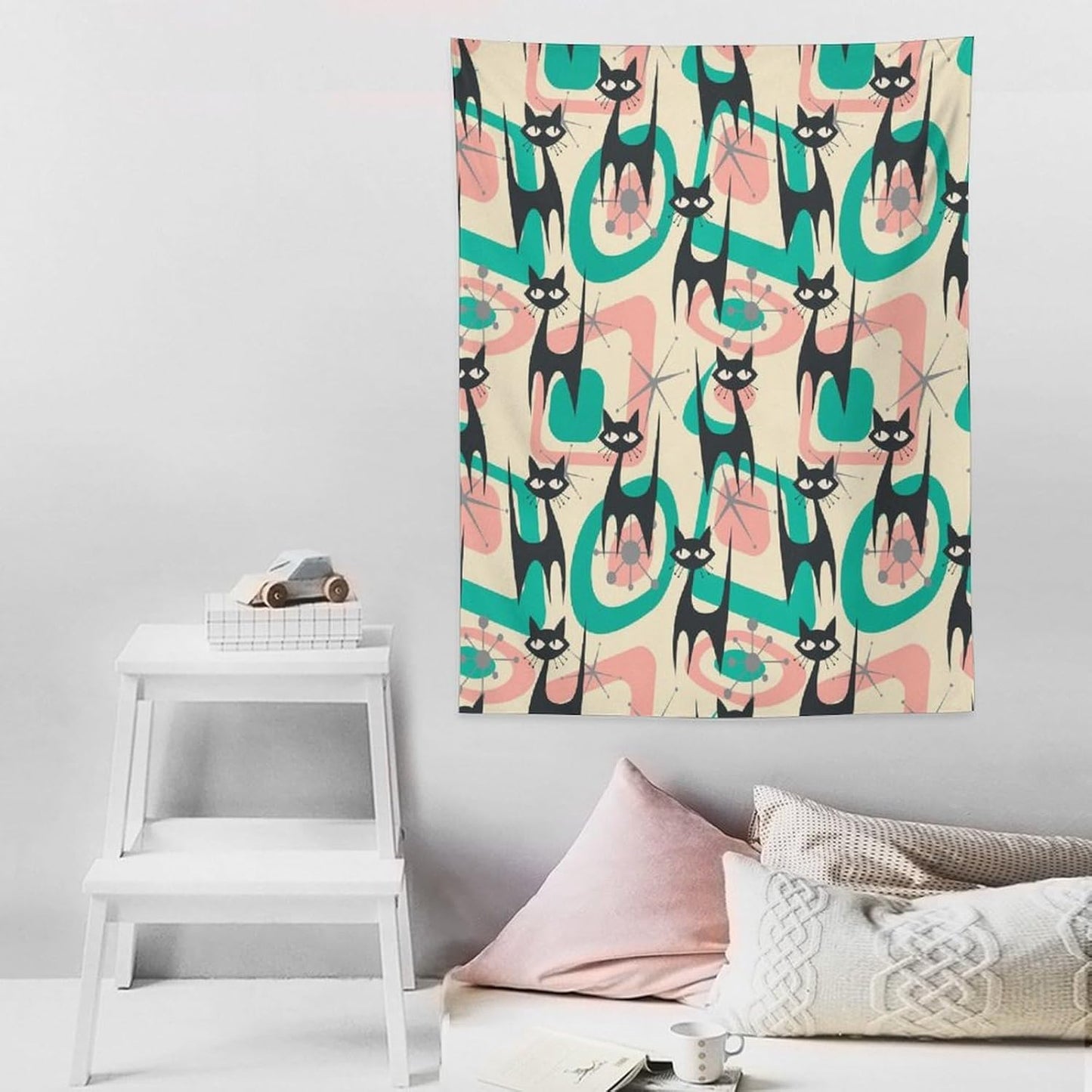 ICMOLYYENLO Boho Medieval Cat Tapestry, Abstract Atomic Starburst Geometric Aesthetic Art Wall Hanging For Bedroom Living Room Dormitory 50x60 Inches