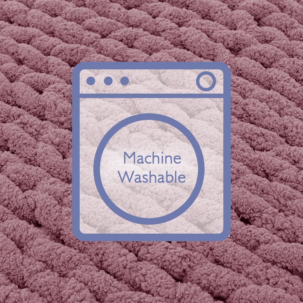 Bigacogo Chunky Knit Throw Blanket for Couch, 40x40 inches, 100% Hand Knitted with Thick Jumbo Chenille Yarn, Cozy Soft Large Rope Knot Cable Crochet Blankets for Sofa Bed Living Room, Burnt Rose