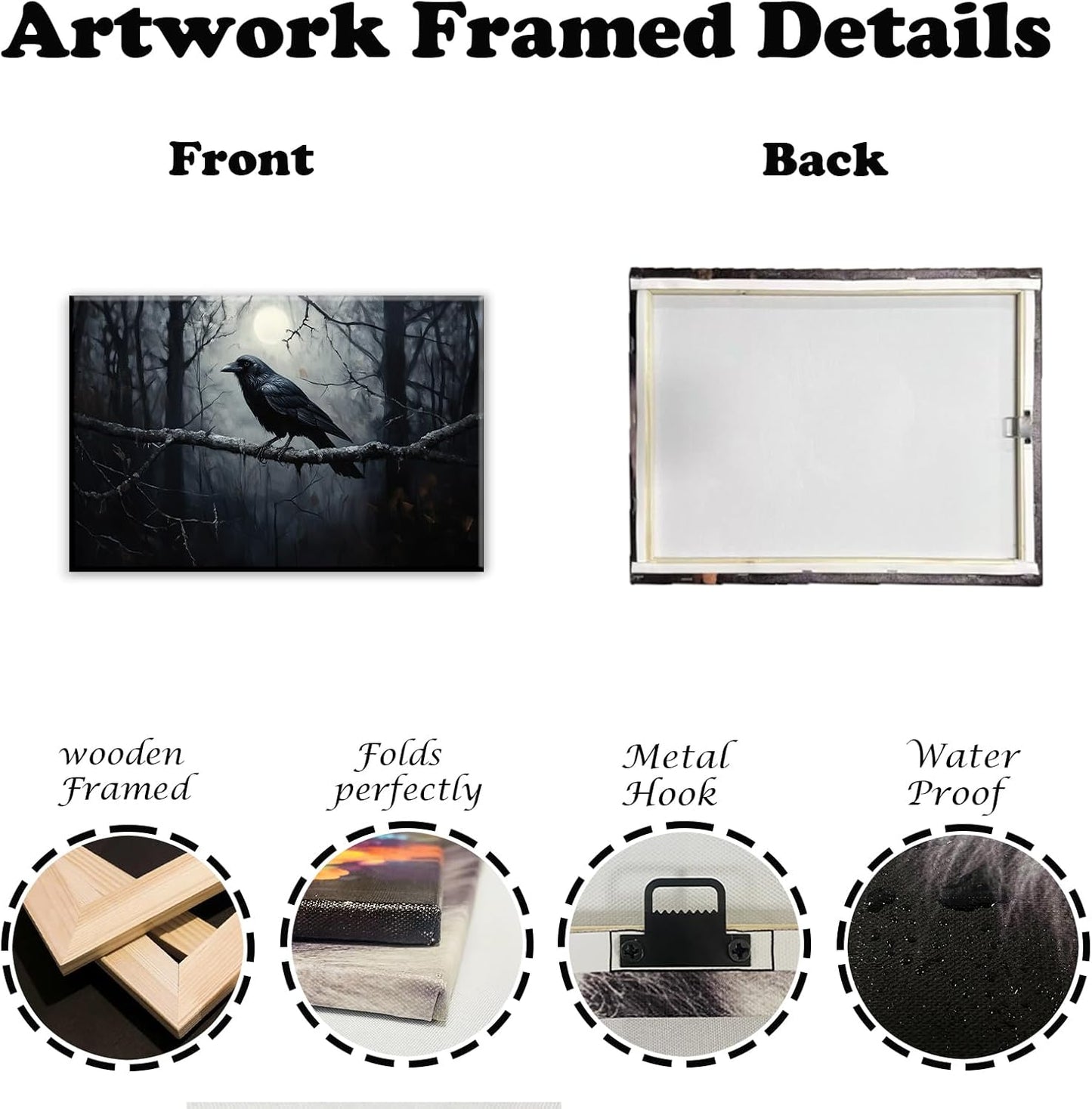 OAAPITI Crow Canvas Wall Art Black Crow Stand On The Branch Picture Print Moonlit Night Poster Vintage Forest Landscape Painting Artwork Living Room Halloween Decor(Artwork-1,20"x30")