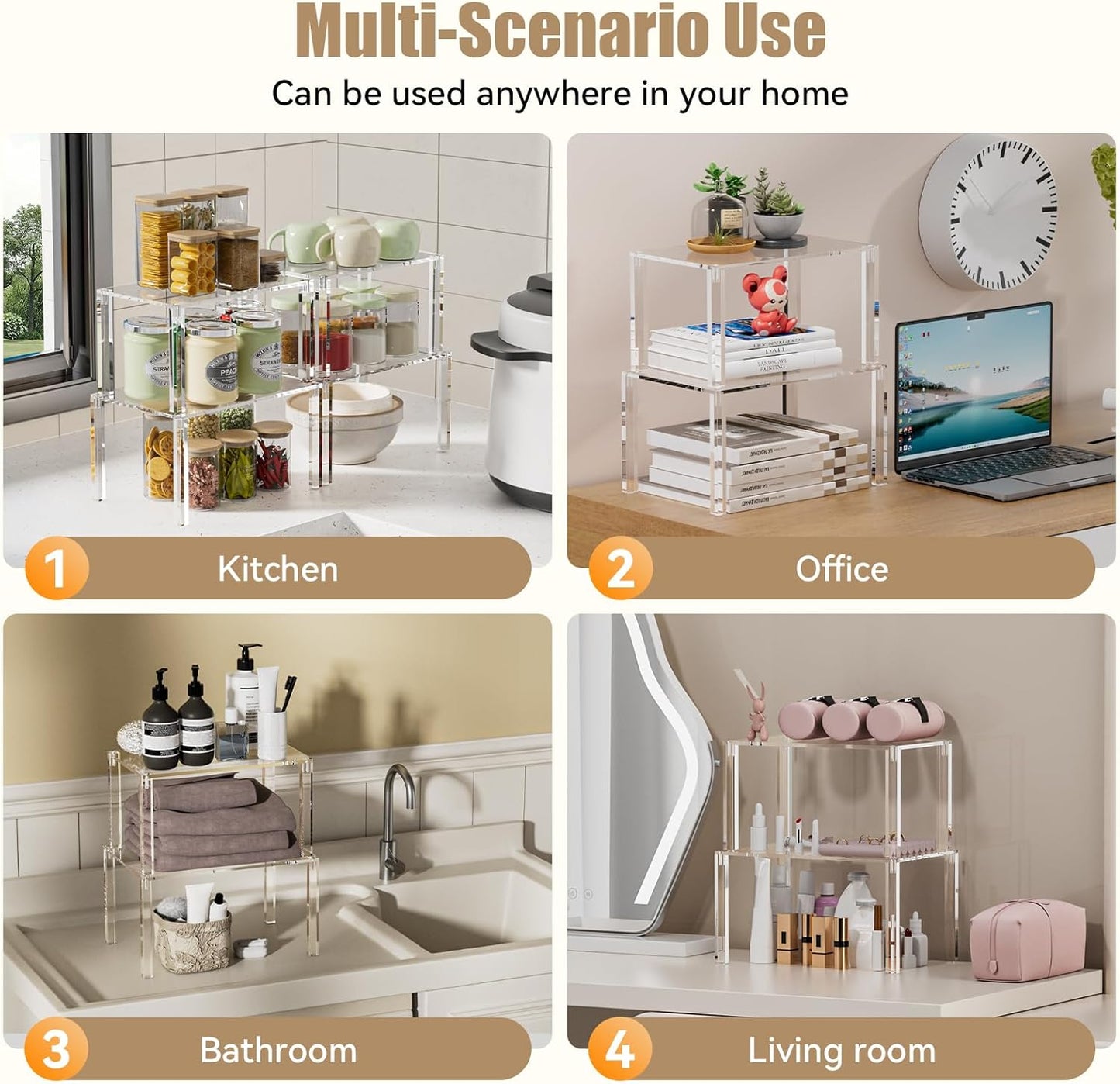 Clear Cabinet Organizer: Acrylic Shelf Riser Set of 4 for Kitchen Pantry Organizers and Storage - Countertop Spice Rack for Cabinet - Stackable Display Shelf Decor for Gift