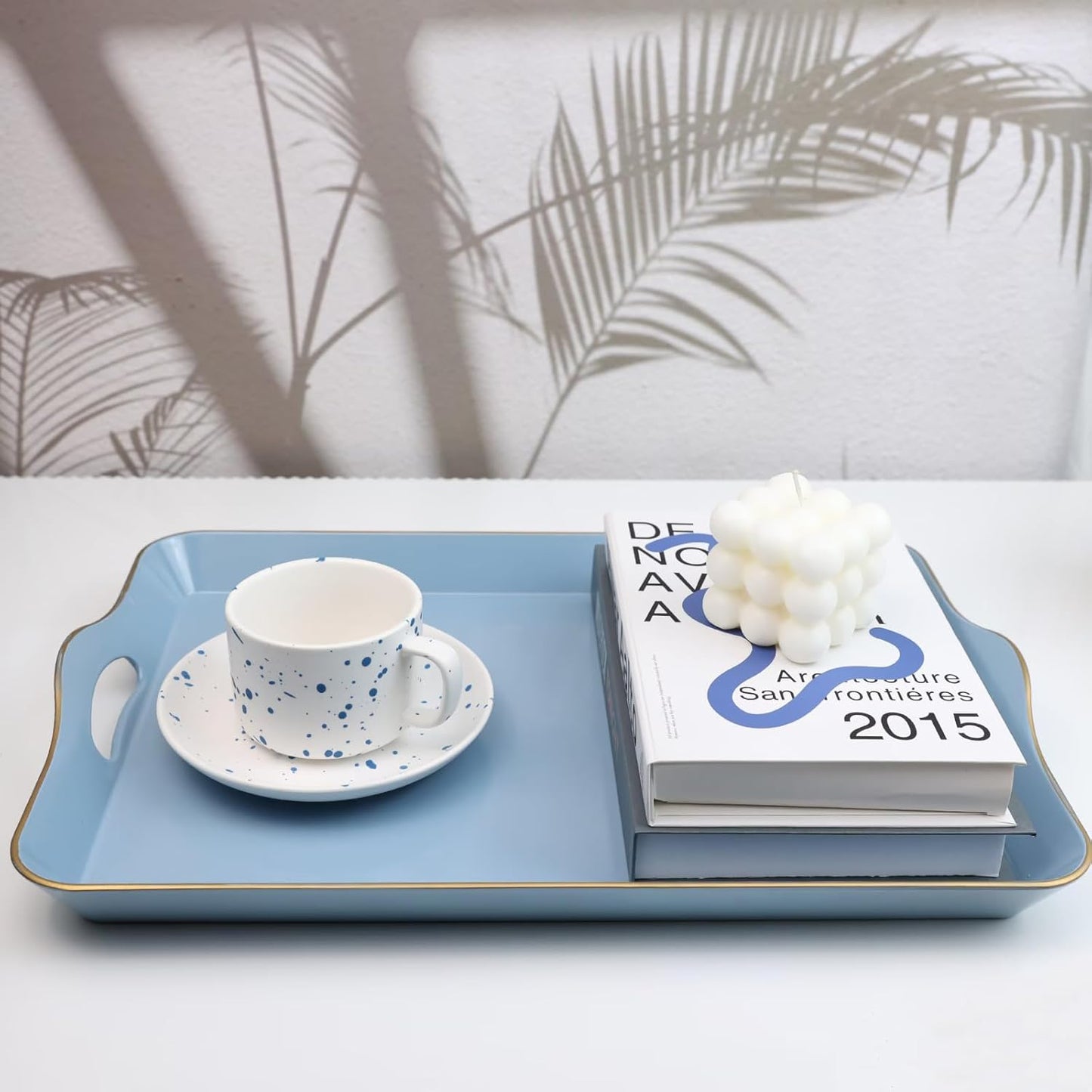 Spsyrine Light Blue Decorative Tray, Elegant Plastic Serving Tray with Handles, Coffee Table Tray for Ottoman, Living Room, Home Decor