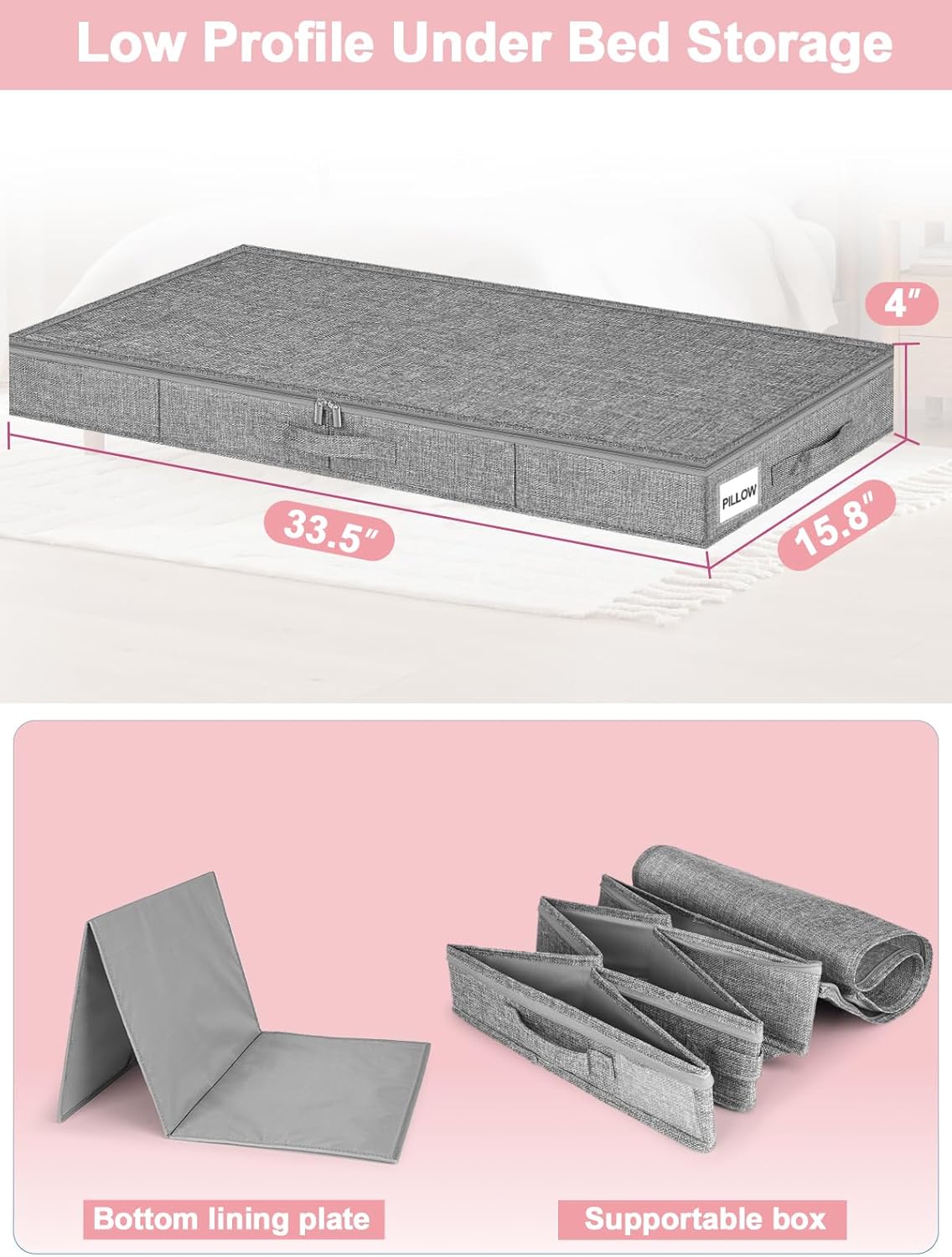 Low Profile Under Bed Storage Containers, 4" Tall Underbed Storage with Rigid Sidewalls & Bottom, Shallow Clothes Storage Organizer Bin with Lid for Couch Sofa Dorm, 2-Pack, 33.5 x 16 x 4 Inches Grey