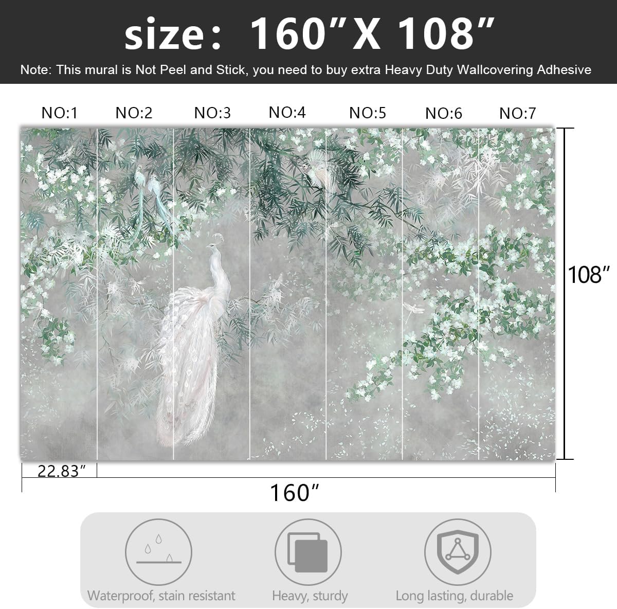 -Green Leaf Botanical Peacock Fabric Wallpaper Wallpaper Living Room Bedroom Bathroom Grey Plant Large Wall Mural- 160"x108"( not Peel and Stick)