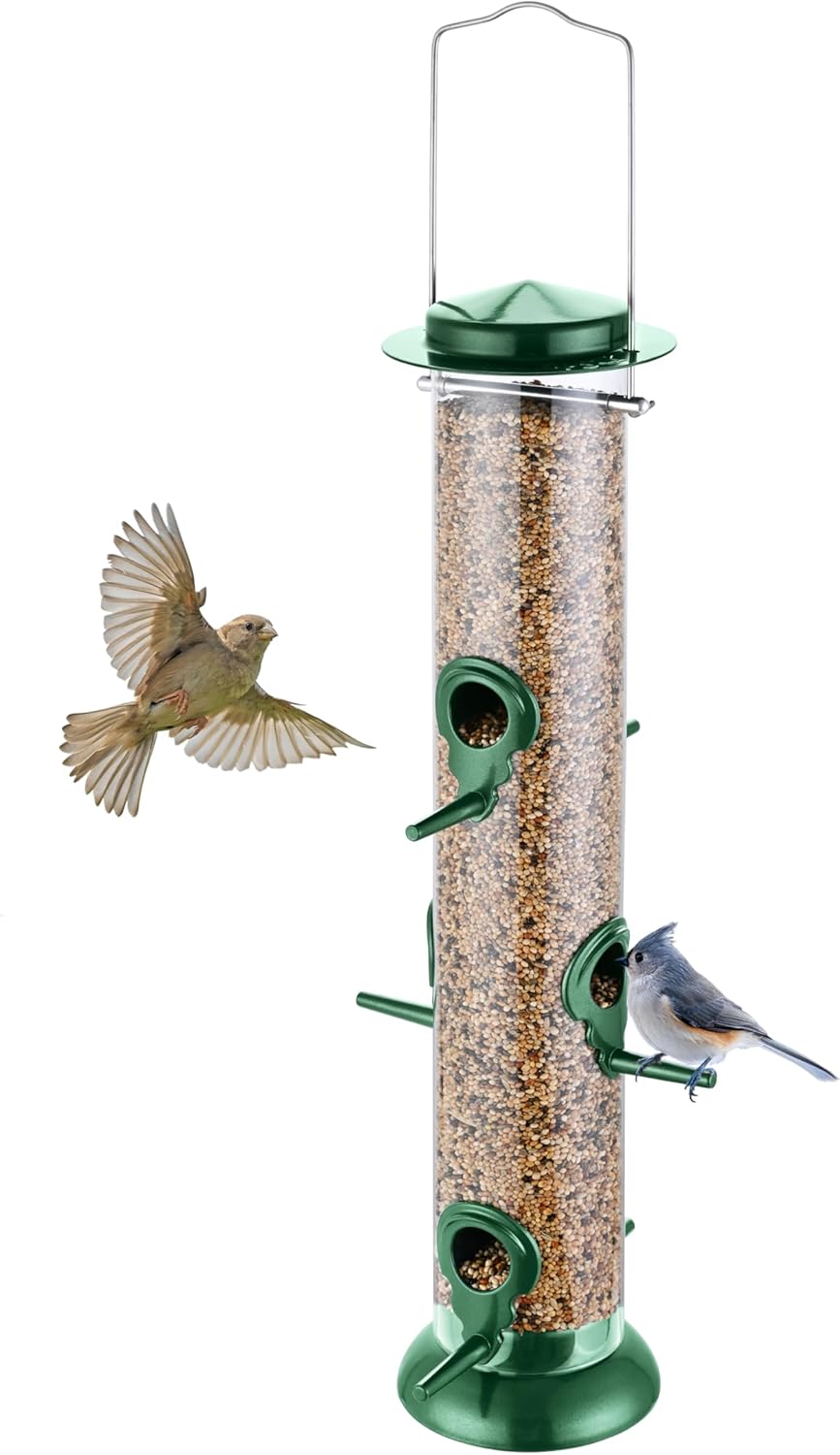 Metal Tube Bird Feeders for Outdoors Hanging,Finch Feeders for Outside,Chew-Proof Hanging Birdfeeder,Squirrel-Proof 6 Ports Bird Feeder 13 Inch,Anti-Rust,Green,1 Pack(Seed is not Included)