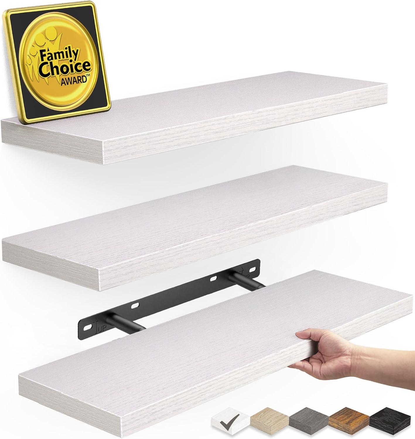 BAYKA Floating Shelves for Wall – Rustic Wood Wall Shelves with Metal Brackets for Bathroom, Bedroom, Kitchen, or Living Room Decor – White, Set of 3, Sturdy Storage with 22lb Capacity