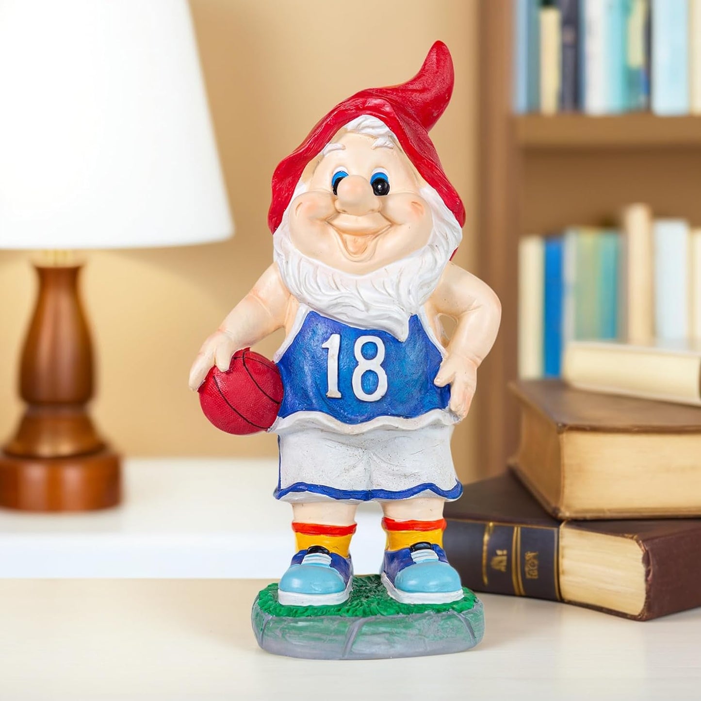 Outdoor Garden Sculpture Sports Garden Gnome with Basketball, 9.5 Inch Decorative Resin Statue, Red and Blue Jersey, Indoor Outdoor Decor A for Basketball Enthusiasts