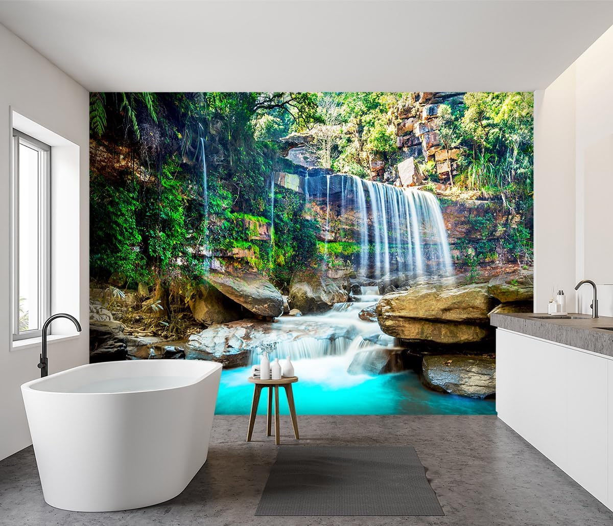 -Green Lake Waterfall Scenery Fabric Wallpaper Living Room Woodland Forest Mountain Bedroom Bathroom Large Wall Mural- 137"x96"( not Peel and Stick)