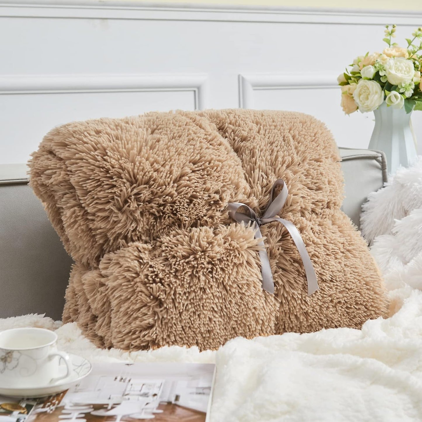 GONAAP Fuzzy Faux Fur Throw Blanket Brown Super Soft Cozy Plush Fuzzy Shaggy Blanket for Couch Sofa Bed (Brown, Throw(50"x60"))