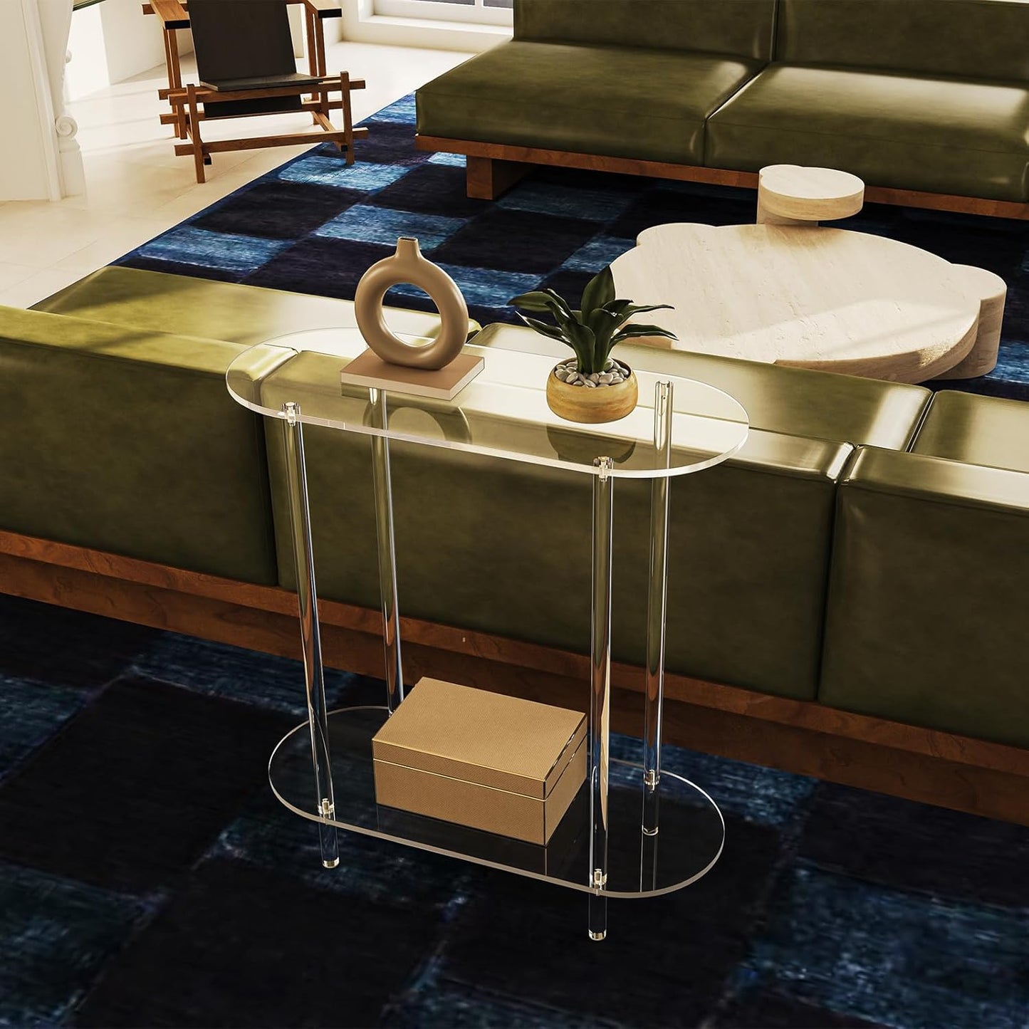 Acrylic Console Table, Oval, 29.5" Small Entryway Table, Clear Entry Table for Sofa, Foyer, Hallway, Living Room, Easy Assembly, 2 Tier, 11.8" D x 31.5" H