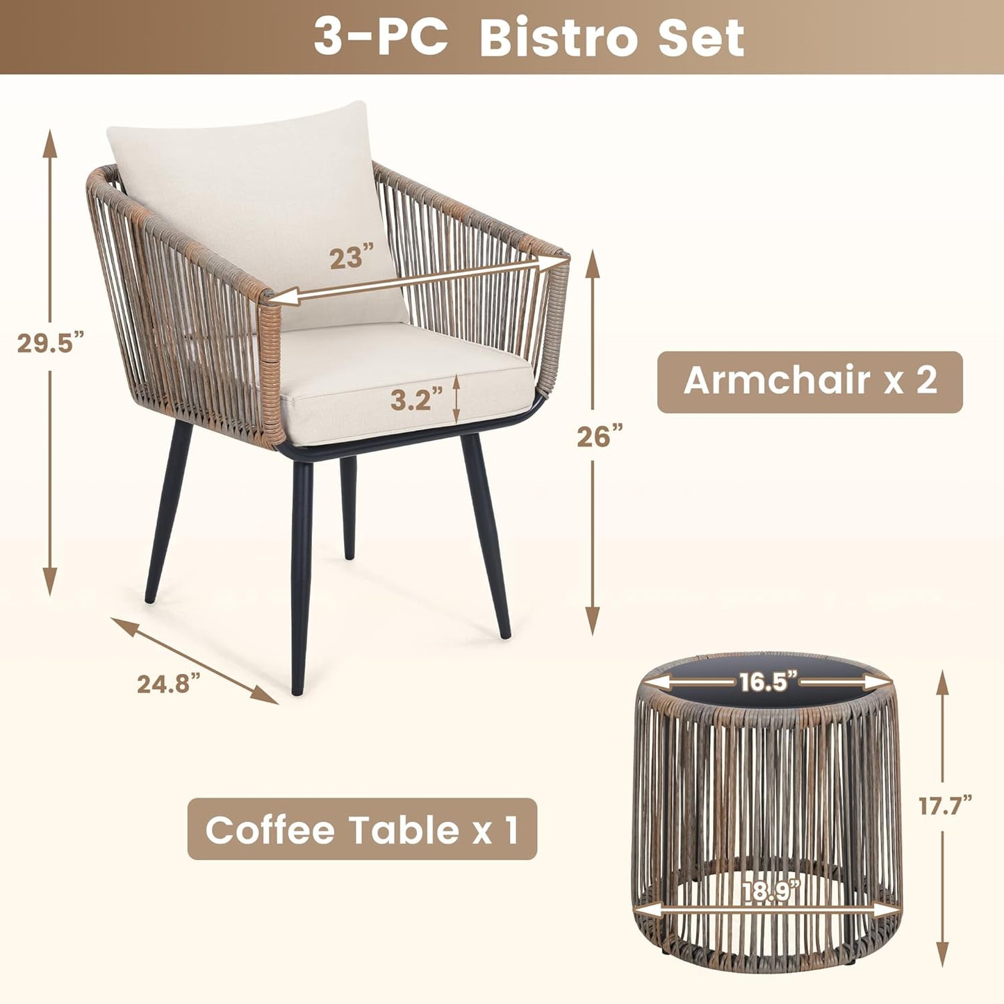 Kromax 3 Pieces Patio Rattan Bistro Conversation Set, Outdoor All-Weather Wicker Furniture Chairs and Side Table Set Ideal for Balcony, Porch and Backyard, Beige