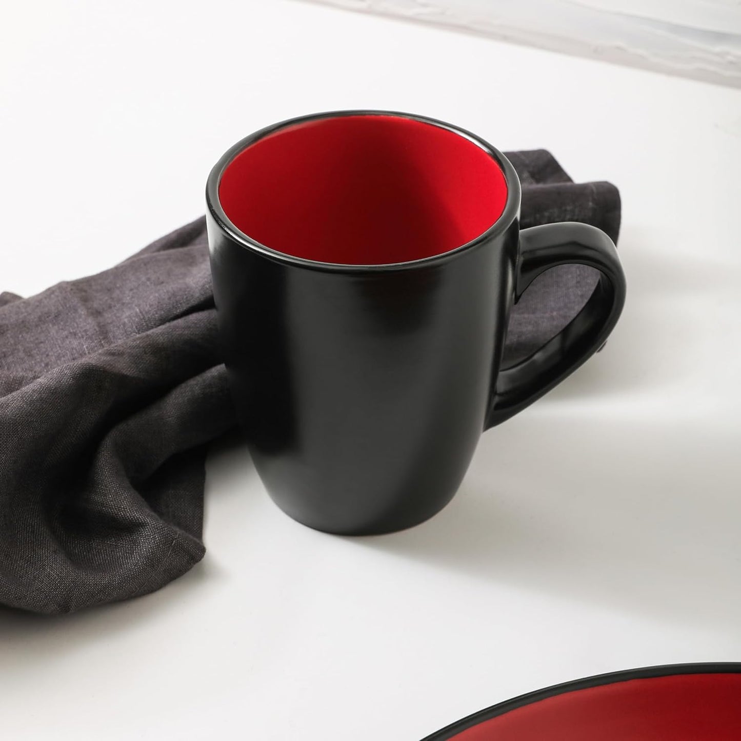 Stone Lain Albie Stoneware 32 Piece Dinnerware Set, Plates and Bowls Sets, Dish Set for 8, Red and Black, Microwave & Dishwasher Safe