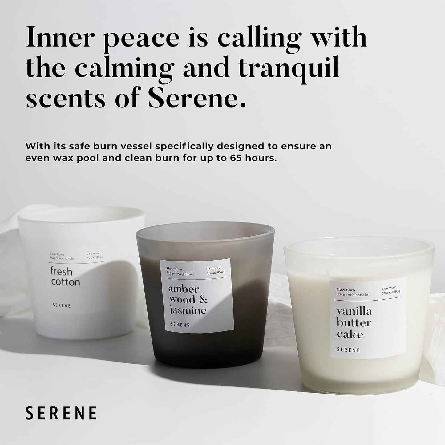 Hidden Label Large Scented Candle, Fresh Cotton, 30oz 3 Wick Huge Candle, Serene Collection Slow Burn Natural Soy Candles for Home Scented