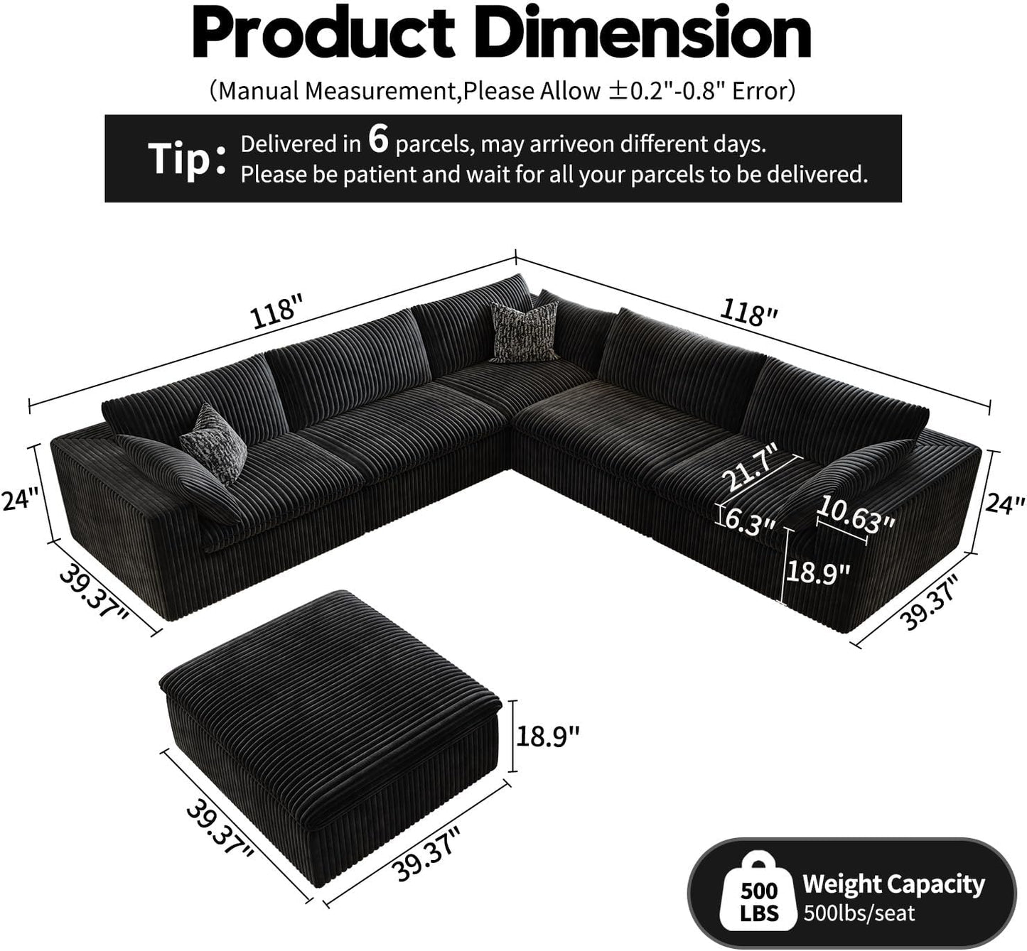118" Cloud Couch Oversized Modular Sectional Sofa for Living Room,Modern Sofa with Deep Seat,6 Seater Boneless Couch,Comfy Upholstered Corduroy Couches for Apartment, Studio, Office,Bedroom,Black