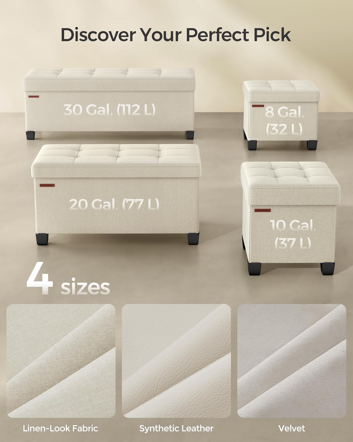 SONGMICS Storage Ottoman Bench, Foldable Foot Rest with Legs, 15 x 43 x 15.7 Inches, End of Bed Bench, Storage Chest, Load up to 660 lb, for Living Room, Bedroom, Entryway, Cream White ULSF018W01