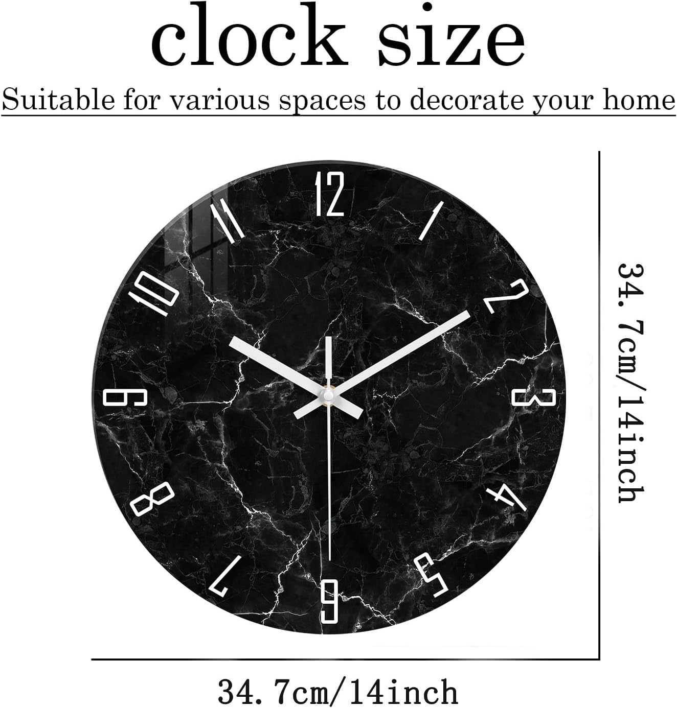 Big Wall Clock for Living Room Decor Marble Glass Wall Clock Battery Operated 16 Inch Black Wall Clocks Non Ticking