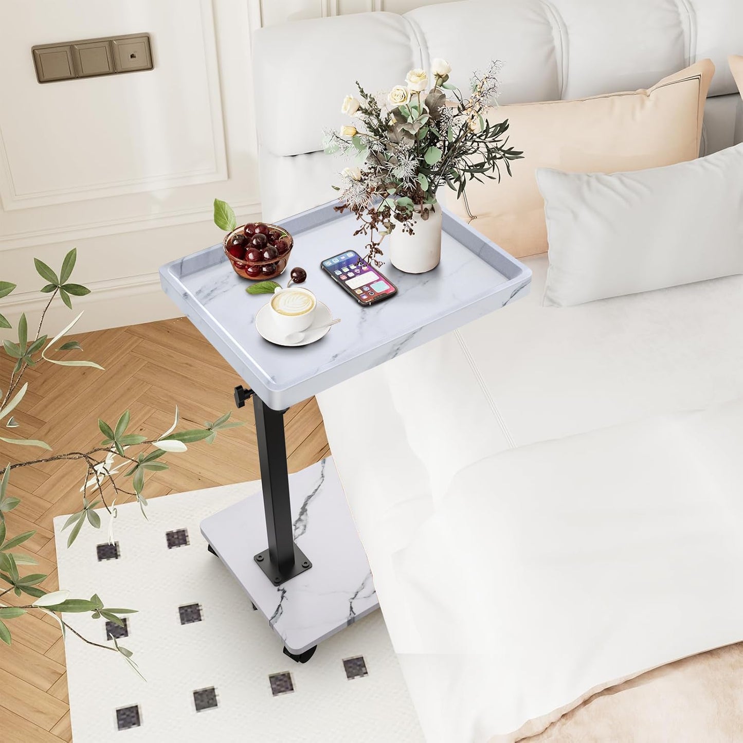 C Table End Table Adjustable Height, 360°Swivel TV Tray Table for Small Spaces, Couch Tables That Slide Under, C Shaped Side Tables Living Room and Bedroom for Sofa, Bed,Chair, Snack (White)