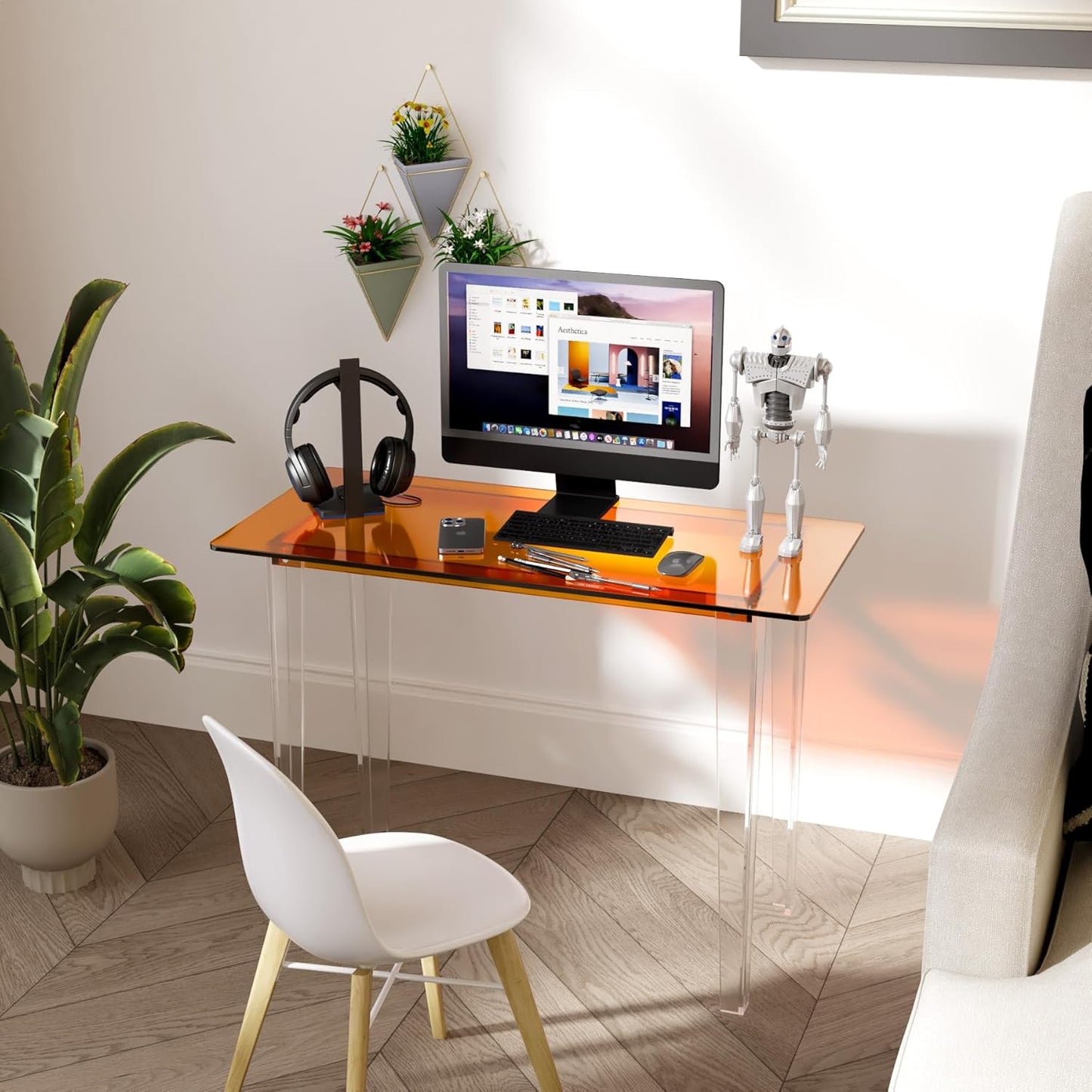 Acrylic Desk, Modern Study Table for Home Office - Extended Surface Multi-Purpose Console & Entryway Table, Sturdy Lightweight Design (42.5-inch, Orange)