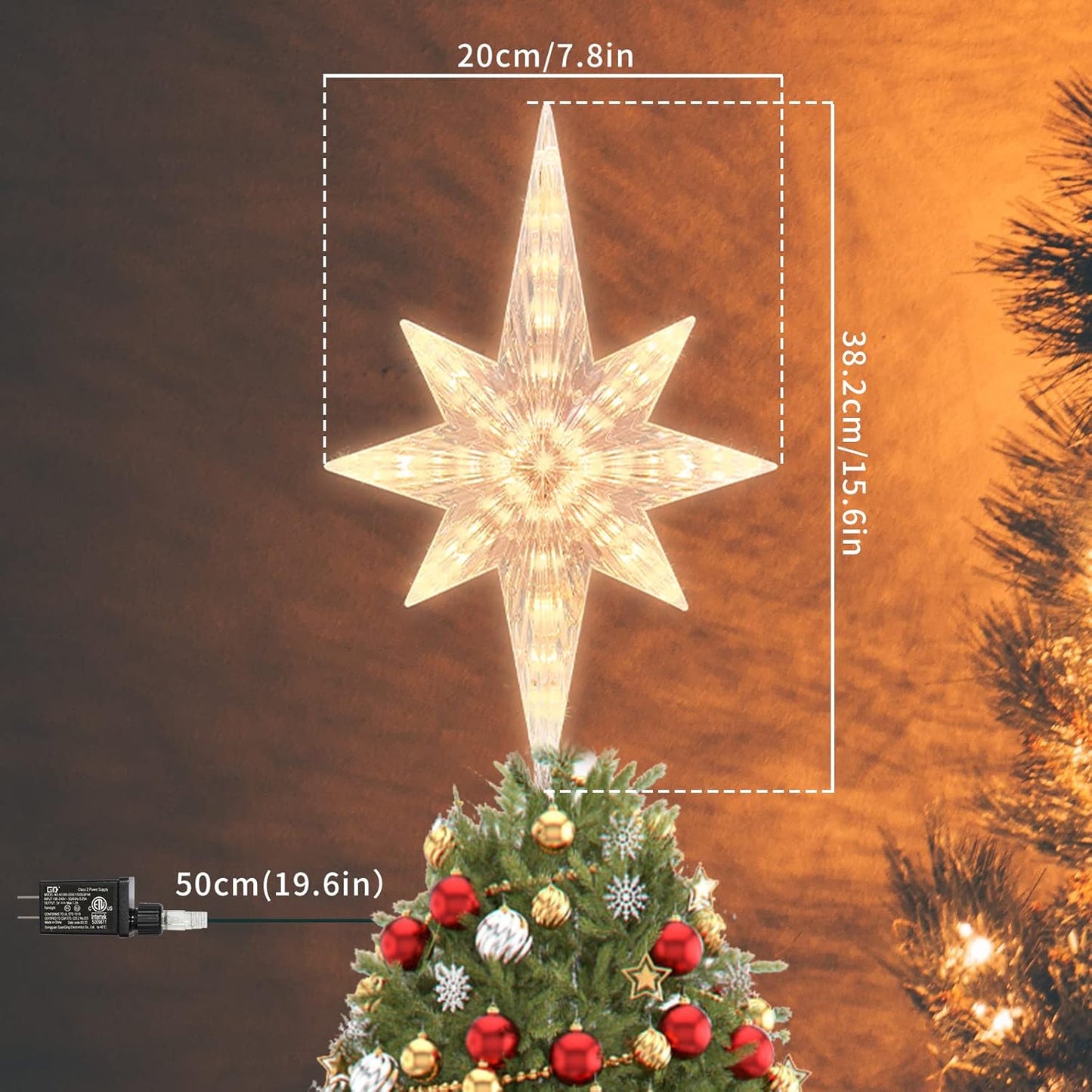 Lighted Christmas Tree Topper, Bethlehem Star Treetop with 41LED Warm White Fairy Lights, Holiday Christmas Tree Decoration.