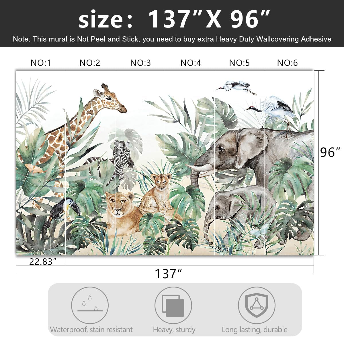 -Tropical Rainforest Plants Animals Tigers Fabric Wallpaper Jungle Plants Banana Leaves Boys Girls Kindergarten Children Bedroom Large Mural- 137"x96"( not Peel and Stick)
