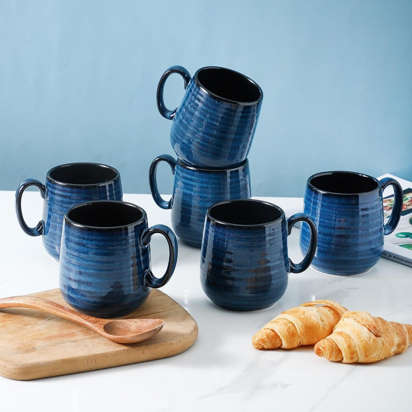 Hasense Espresso Cups 8 oz, Small Coffee Cups Set of 6, Ceramic Mugs with Handle for Coffee, Tea, Cappuccino and Mocha, Dishwasher & Microwave Safe, Blue
