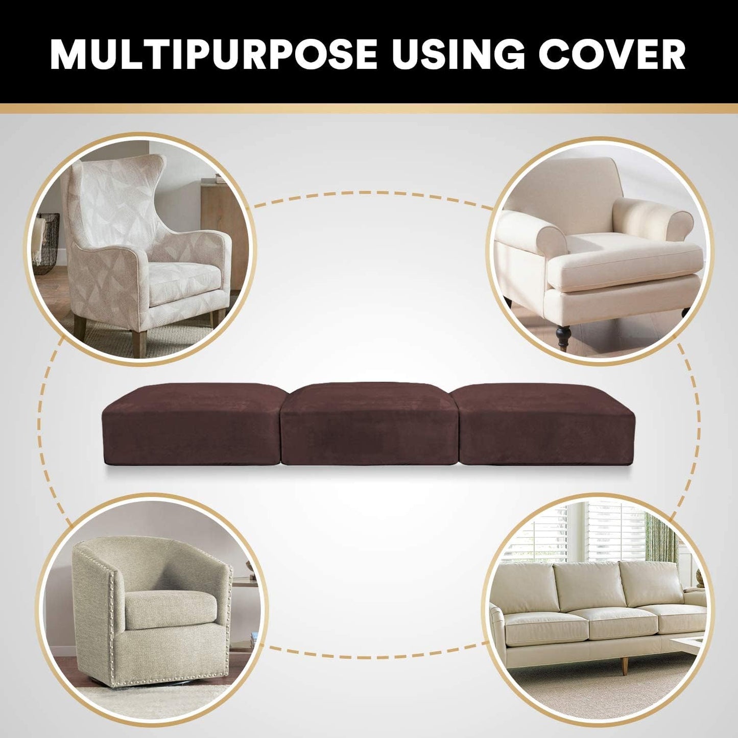 PrinceDeco Velvet Couch Cushion Covers 3 Pieces Velvet Separate Couch Cover Stretch Sofa Slipcover Washable Furniture Protector for Sectional Sofa Each Width Up to 40", Brown